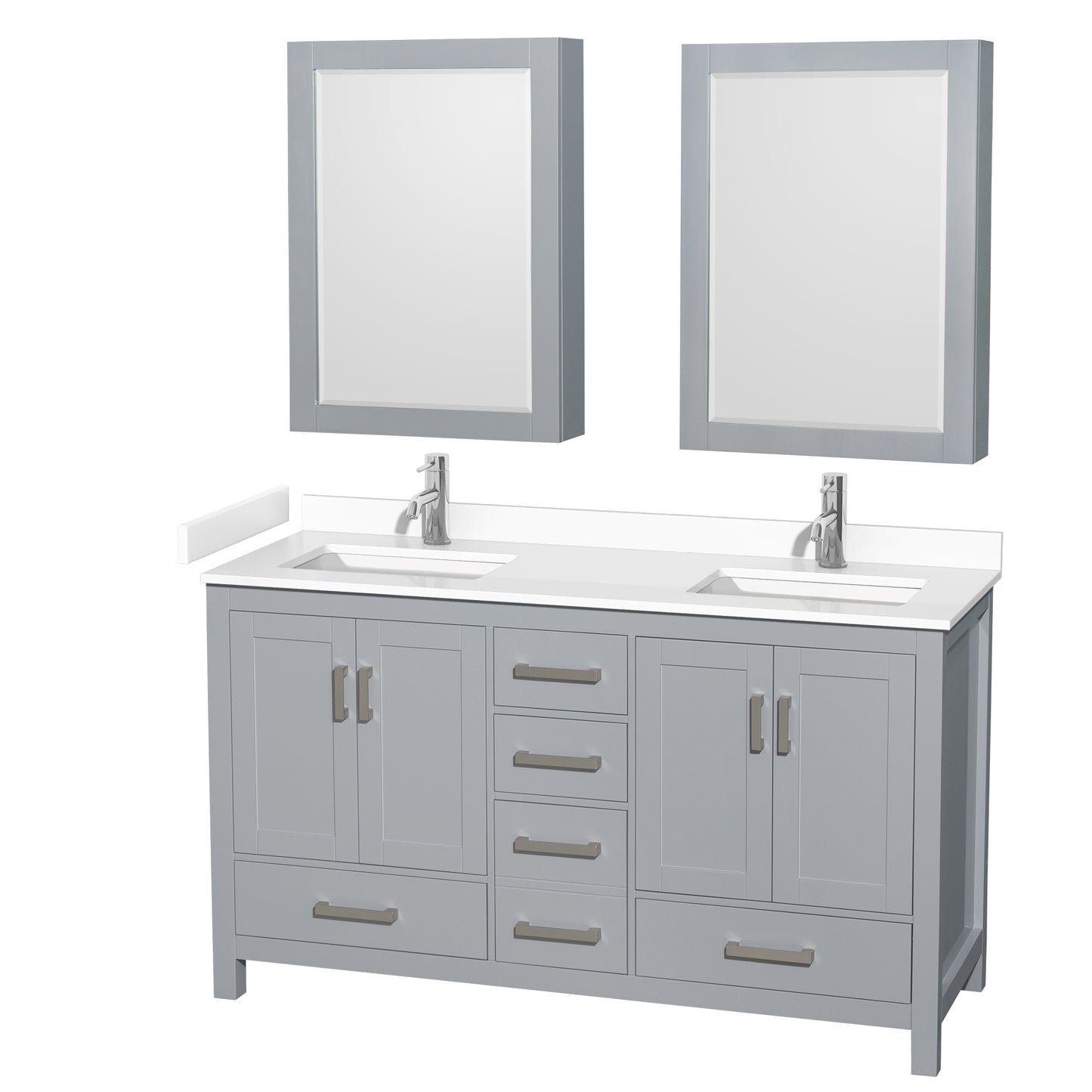 Sheffield 60" Double Vanity in Gray, White Marble Top, Square Medicine Cabinets