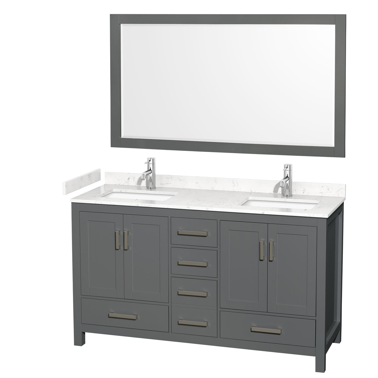 Sheffield 60" Double Vanity in Dark Gray, Carrara Marble Top, Square 58" Mirror