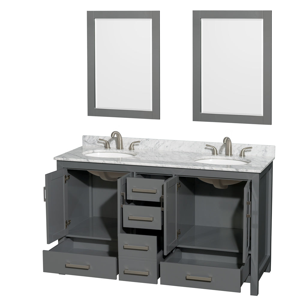 Sheffield 60" Double Vanity in Dark Gray, Top, Oval Sinks, 24" Mirrors