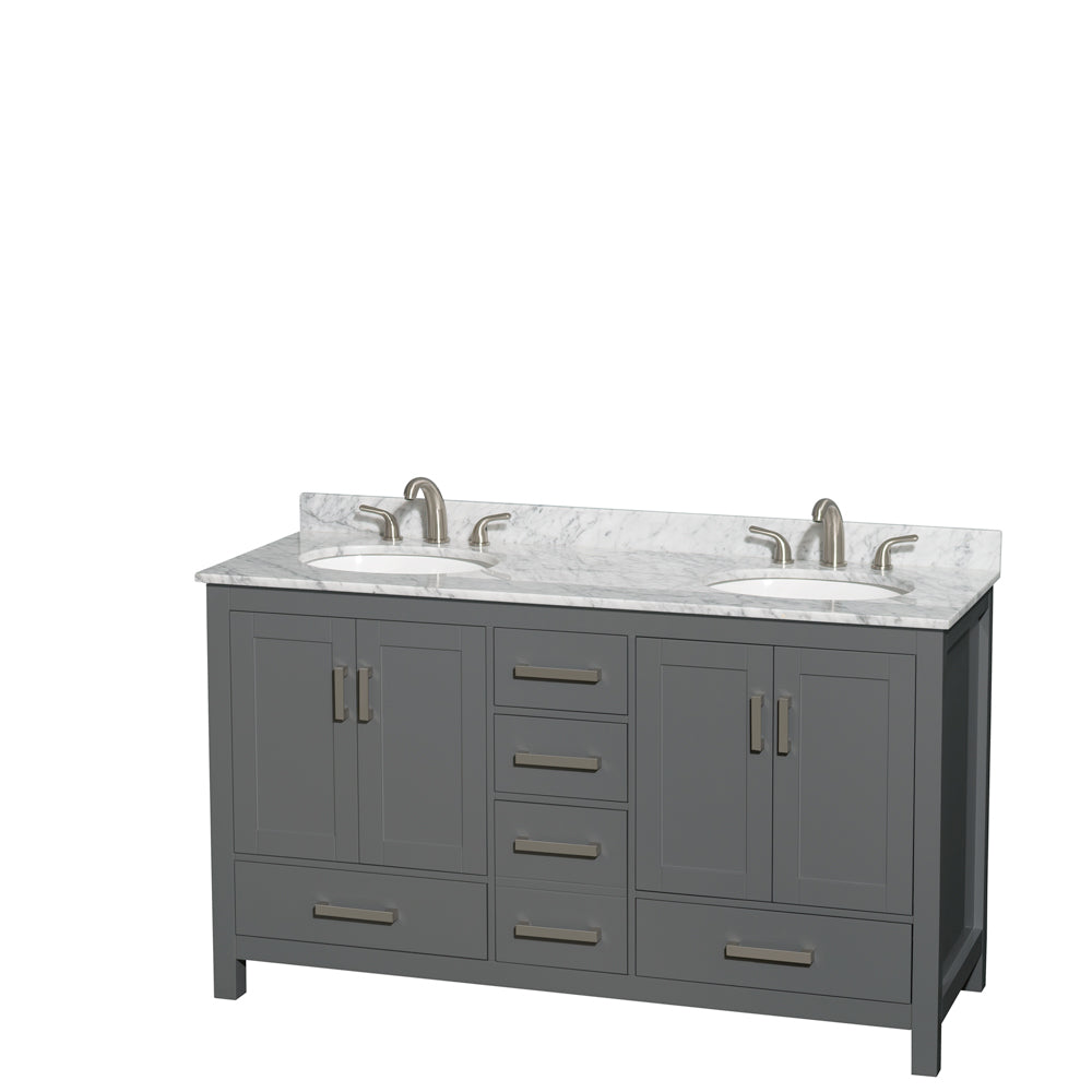 Sheffield 60 inch Double Bathroom Vanity in Dark Gray, White Carrara Marble Countertop, Undermount Oval Sinks, and No Mirror