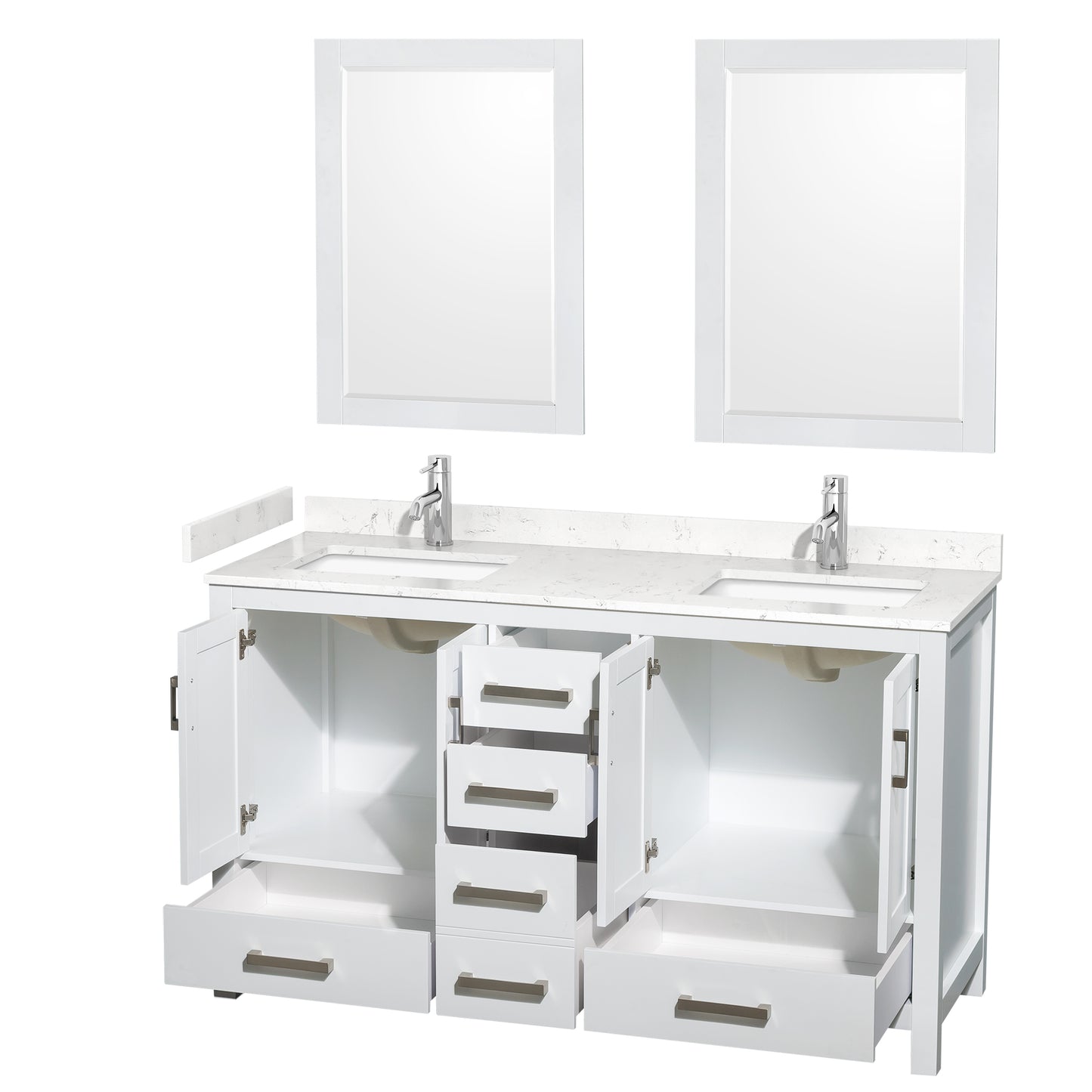 Sheffield 60" Double Vanity in White, Carrara Marble Top, Square 24" Mirrors