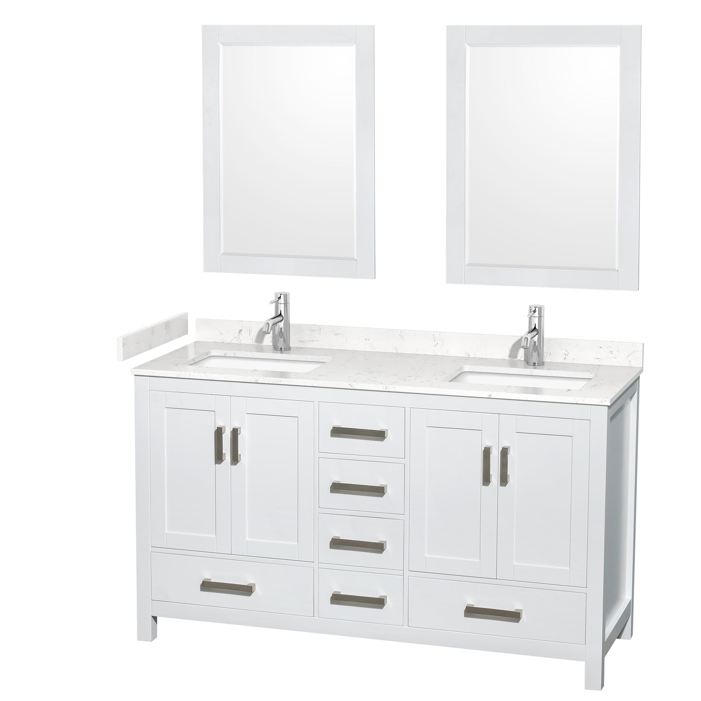 Sheffield 60" Double Vanity in White, Carrara Marble Top, Square 24" Mirrors