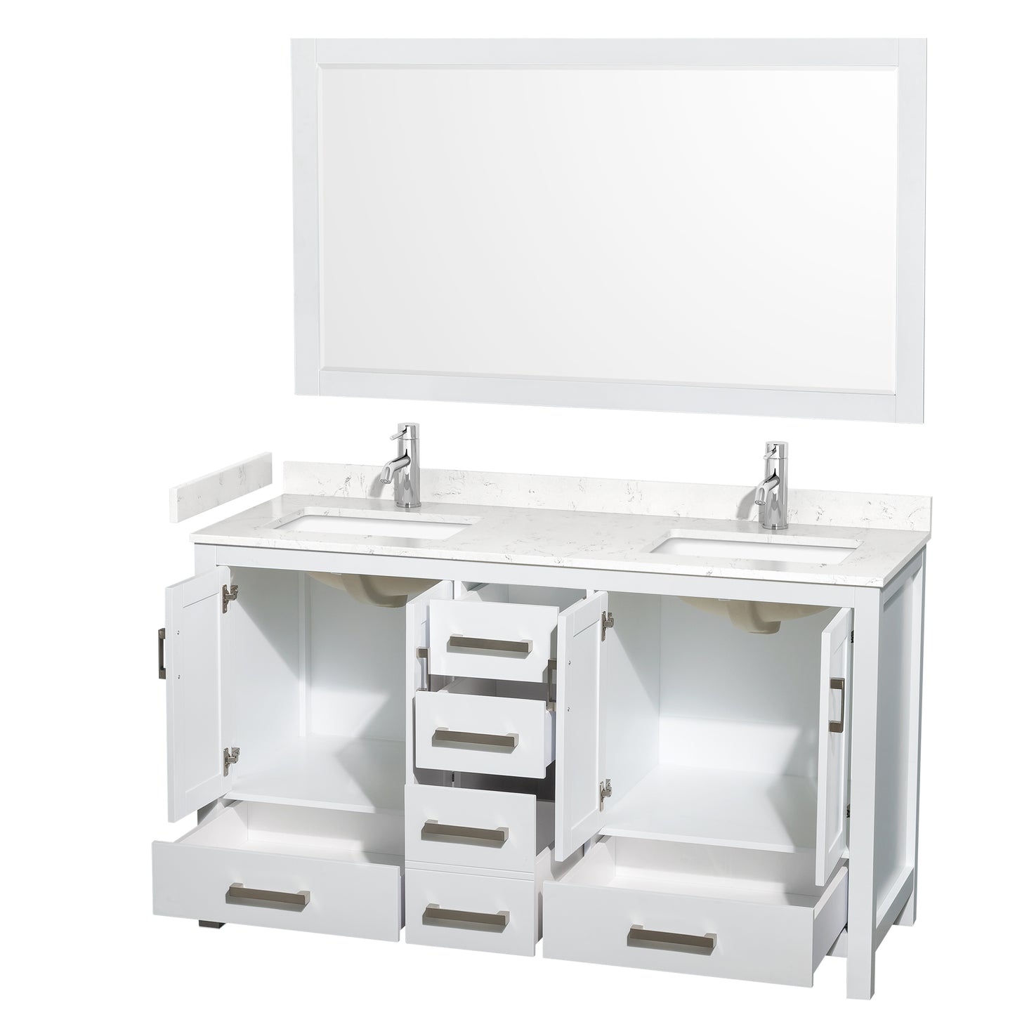 Sheffield 60" Double Vanity in White, Carrara Marble Top, Square 58" Mirror