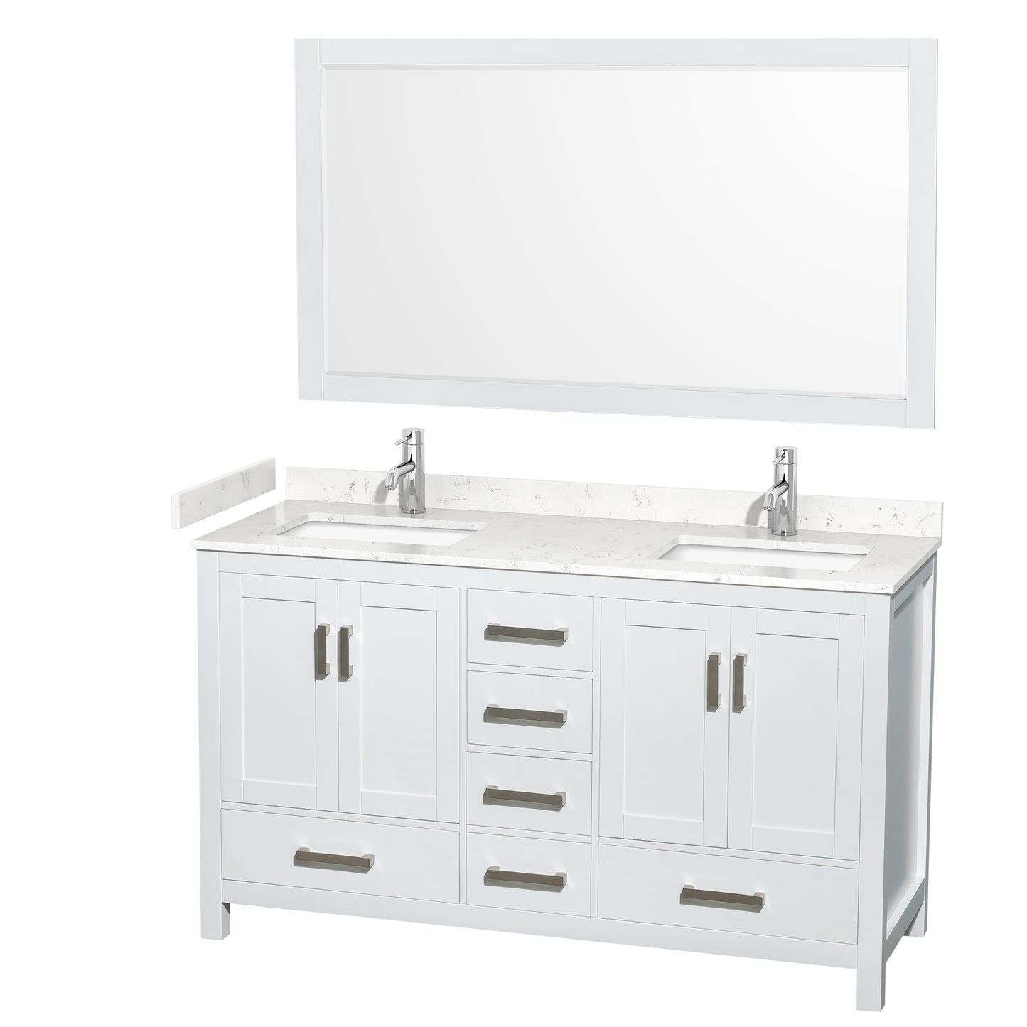 Sheffield 60" Double Vanity in White, Carrara Marble Top, Square 58" Mirror