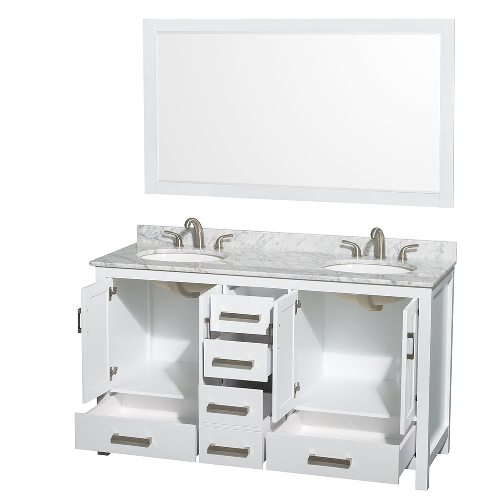 Sheffield 60" Double Vanity in White, Top, Oval Sinks, 58" Mirror