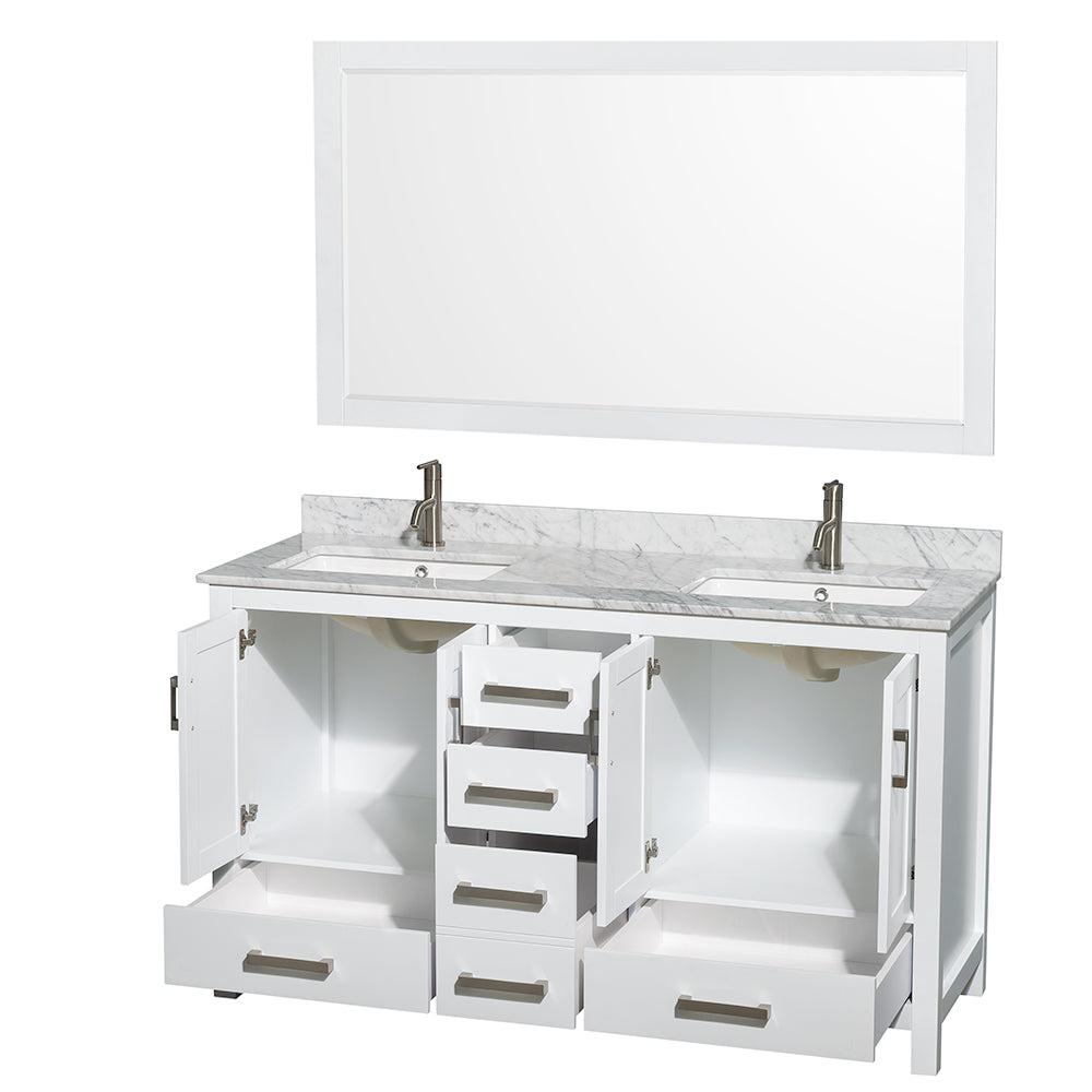 Sheffield 60" Double Vanity in White, Top, Square Sinks, 58" Mirror