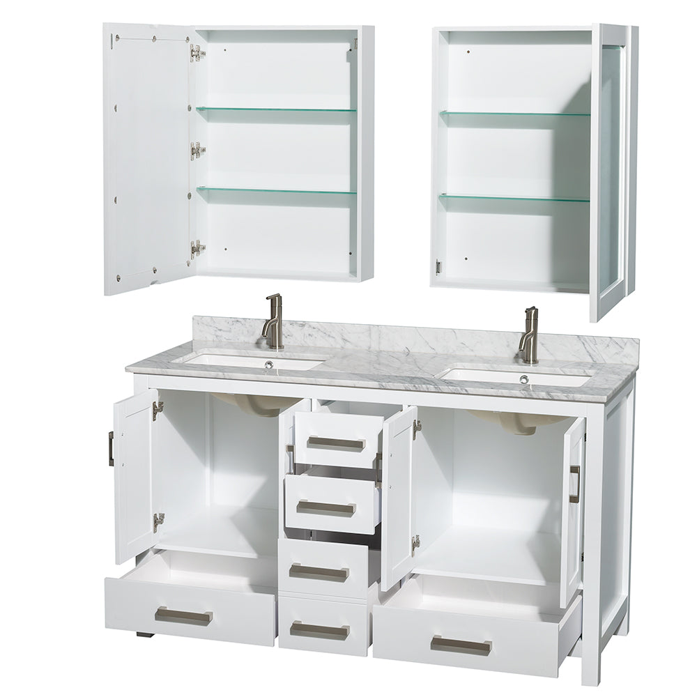 Sheffield 60" Double Vanity in White, top, Square Sinks, Medicine Cabinets