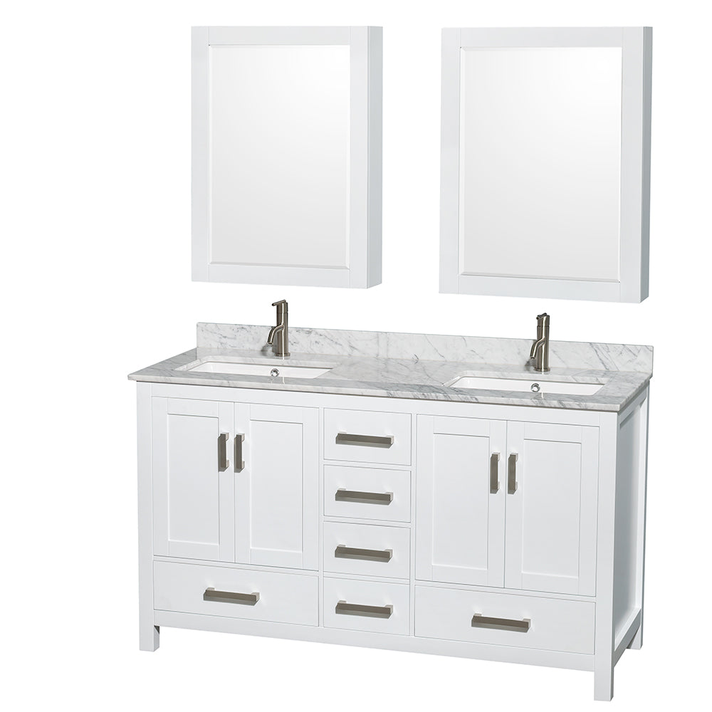 Sheffield 60 inch Double Bathroom Vanity in White, White Carrara Marble Countertop, Undermount Square Sinks, and Medicine Cabinets