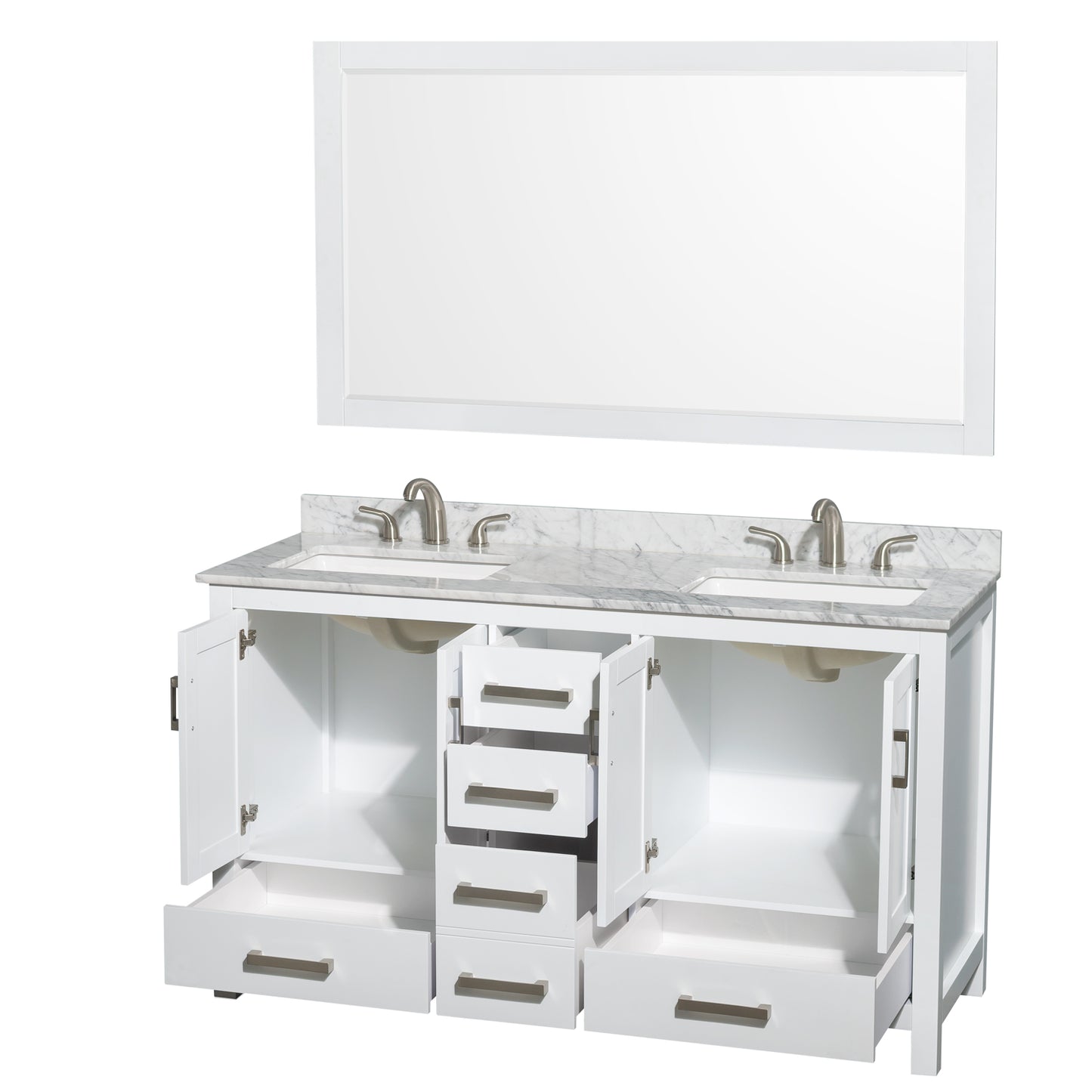 Sheffield 60" Double Vanity in White, Top, Undermount 3-Hole Sinks, 58" Mirror