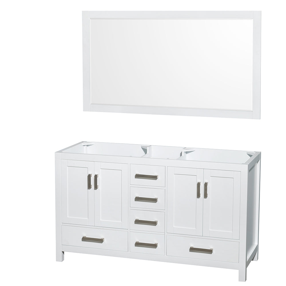 Sheffield 60" Double Vanity in White, No Top, No Sinks, 58" Mirror