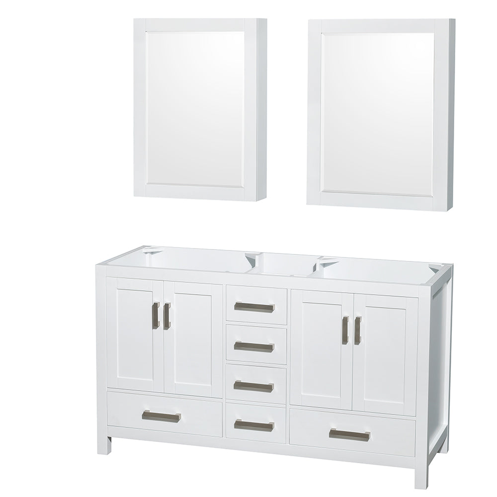 Sheffield 60" Double Vanity in White, No Top, No Sinks, Medicine Cabinets
