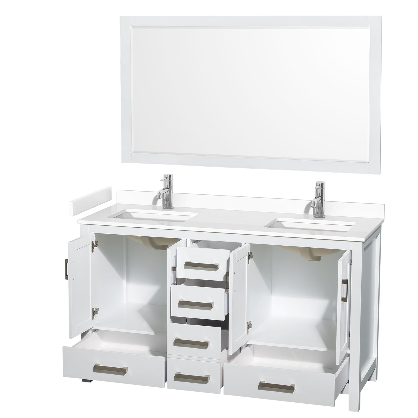 Sheffield 60" Double Vanity in White, White Marble Top, Square 58" Mirror
