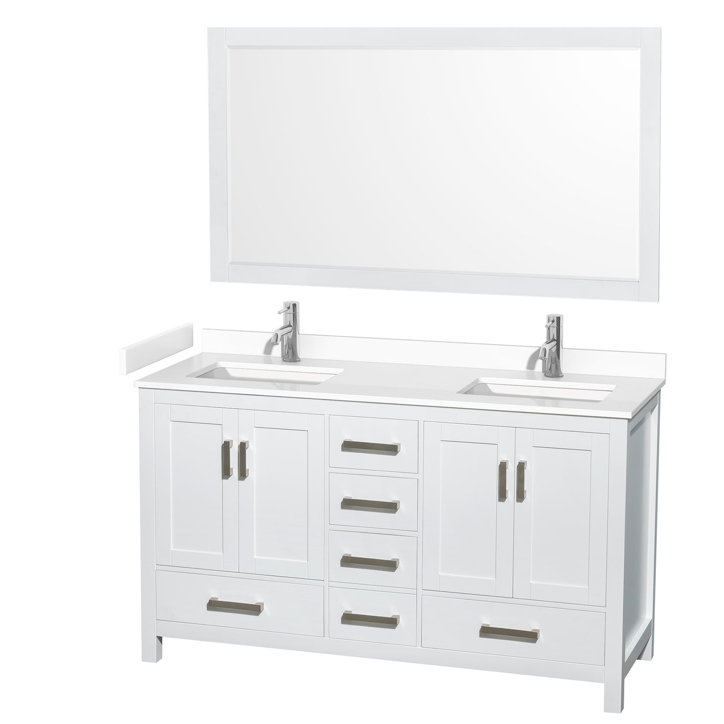 Sheffield 60" Double Vanity in White, White Marble Top, Square 58" Mirror