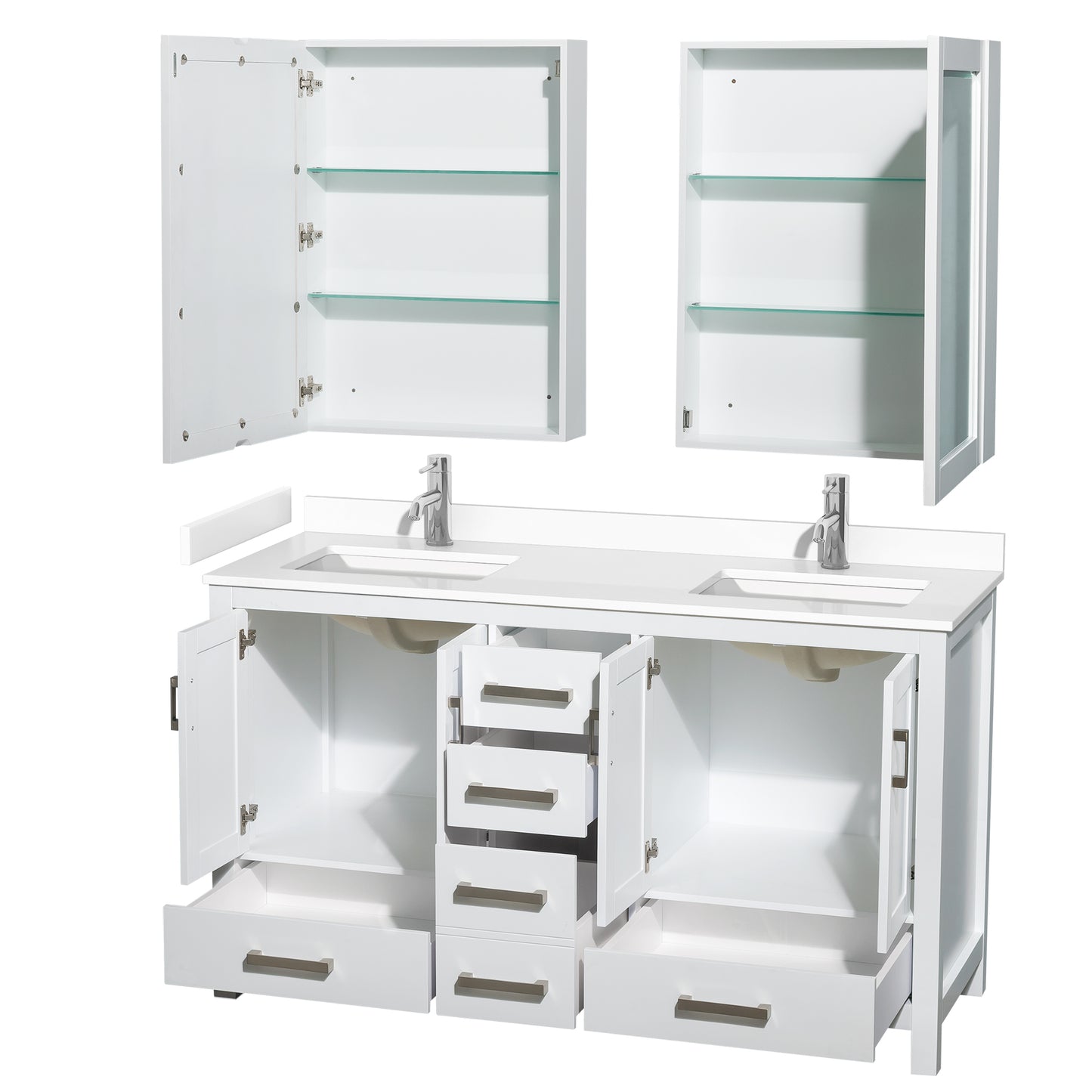 Sheffield 60" Double Vanity in White, White Marble Top, Square Medicine Cabinets