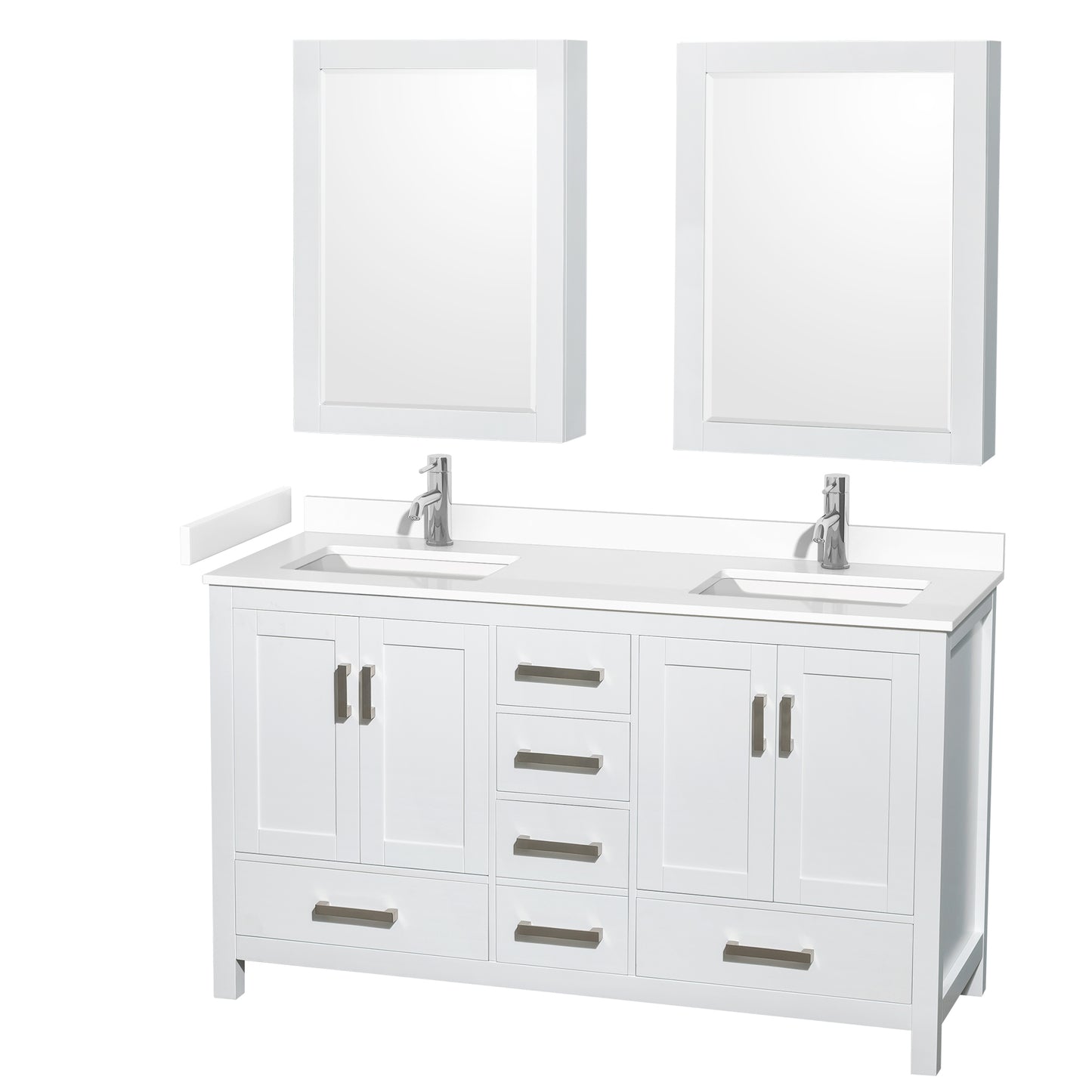 Sheffield 60" Double Vanity in White, White Marble Top, Square Medicine Cabinets