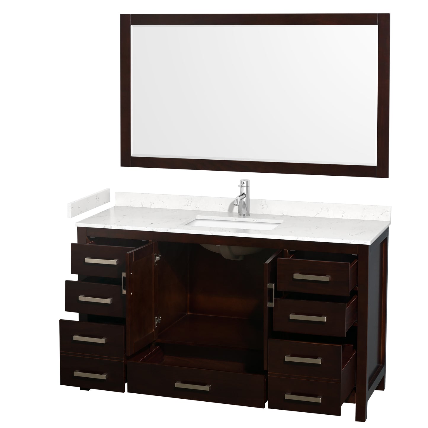 Sheffield 60" Single Vanity in Espresso, Carrara Marble Top, Square 58" Mirror