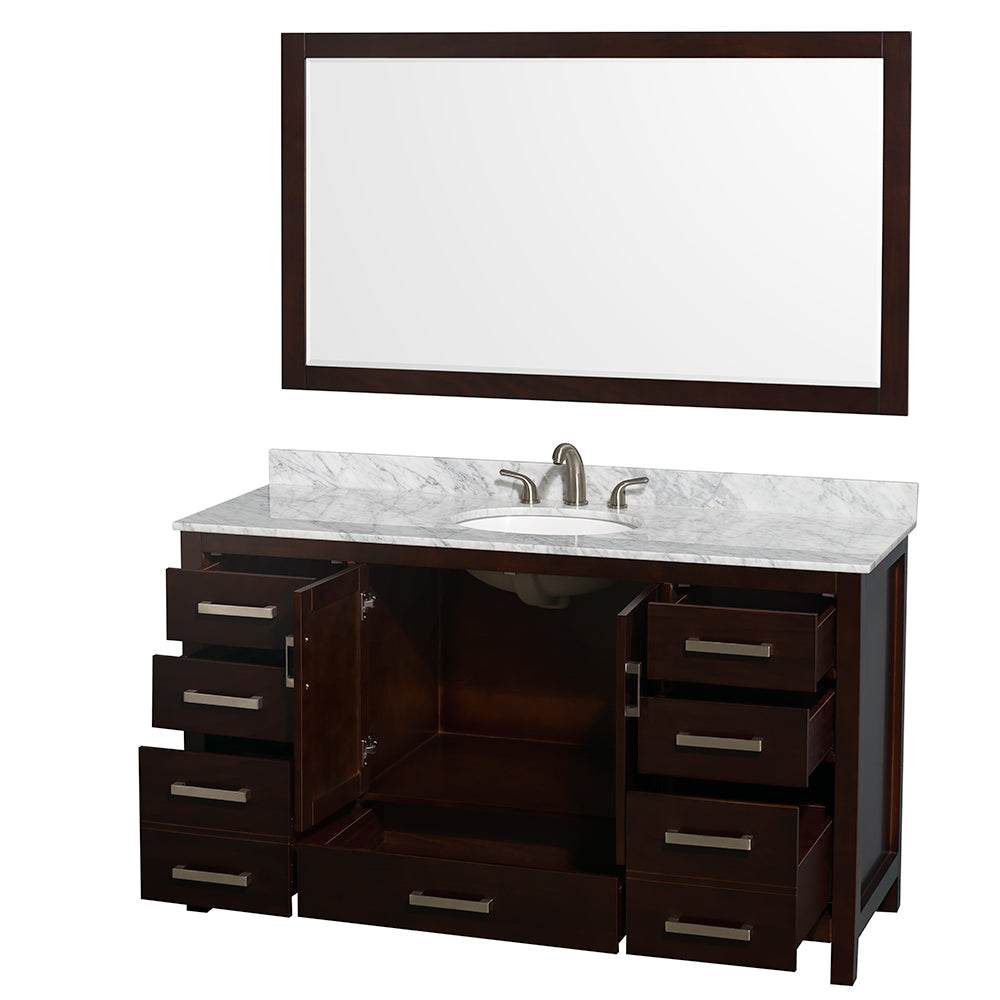 Sheffield 60" Single Vanity in Espresso, Top, Oval Sink, 58" Mirror