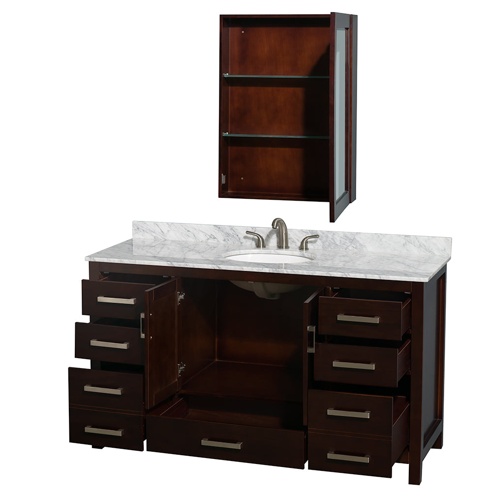 Sheffield 60" Single Vanity in Espresso, Top, Oval Sink, Medicine Cabinet