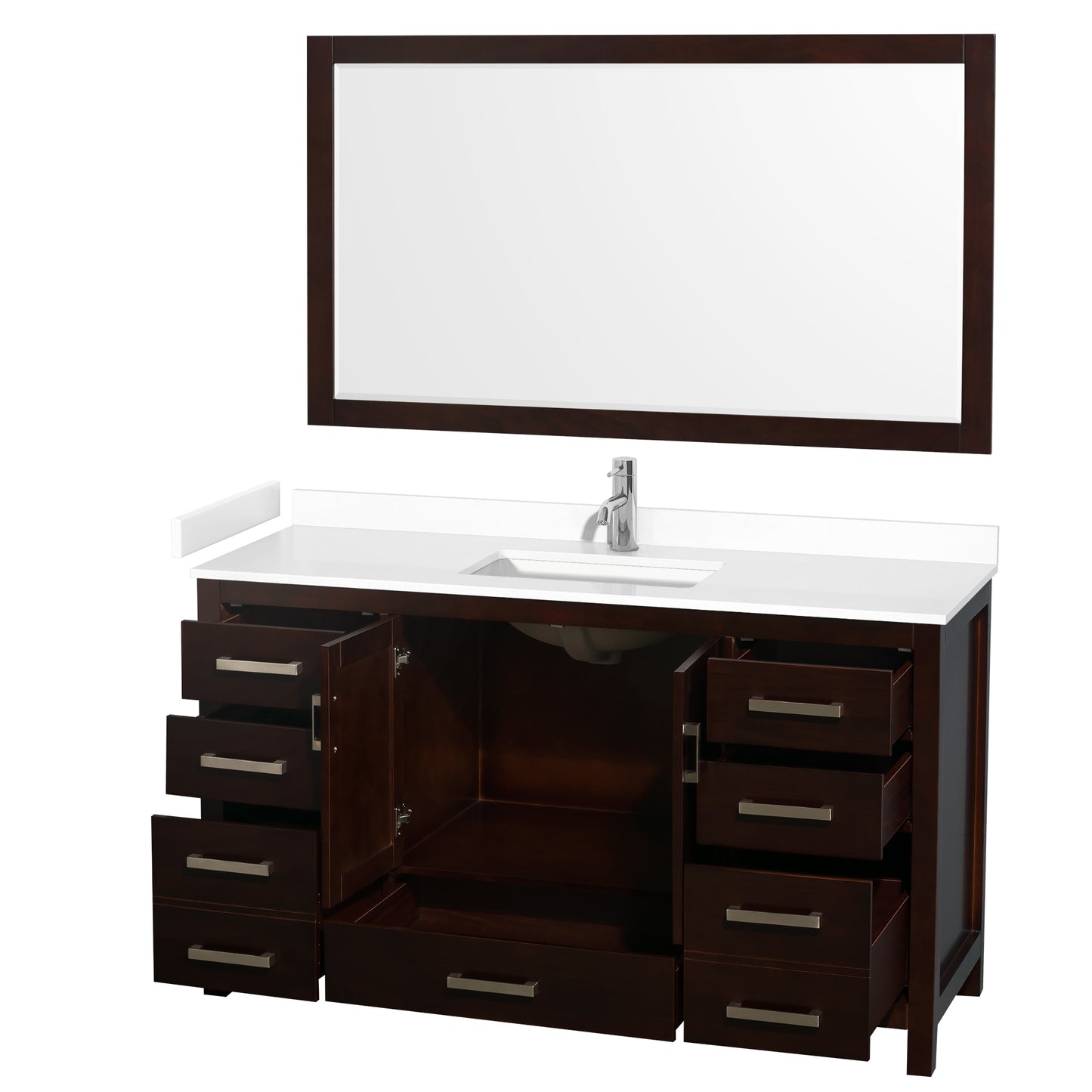 Sheffield 60" Single Vanity in Espresso, White Marble Top, Square 58" Mirror
