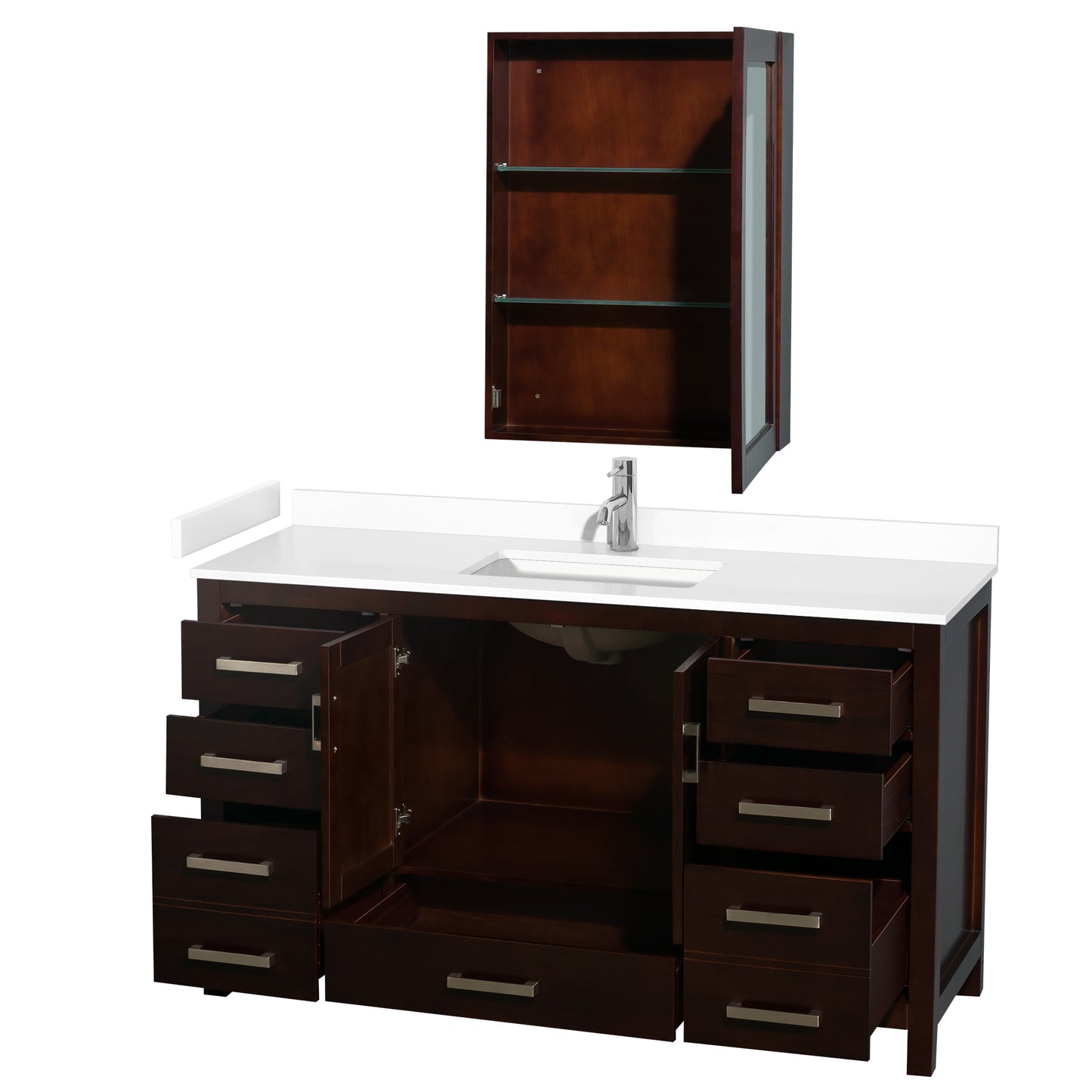 Sheffield 60" Single Vanity in Espresso, White Marble Top, Medicine Cabinet