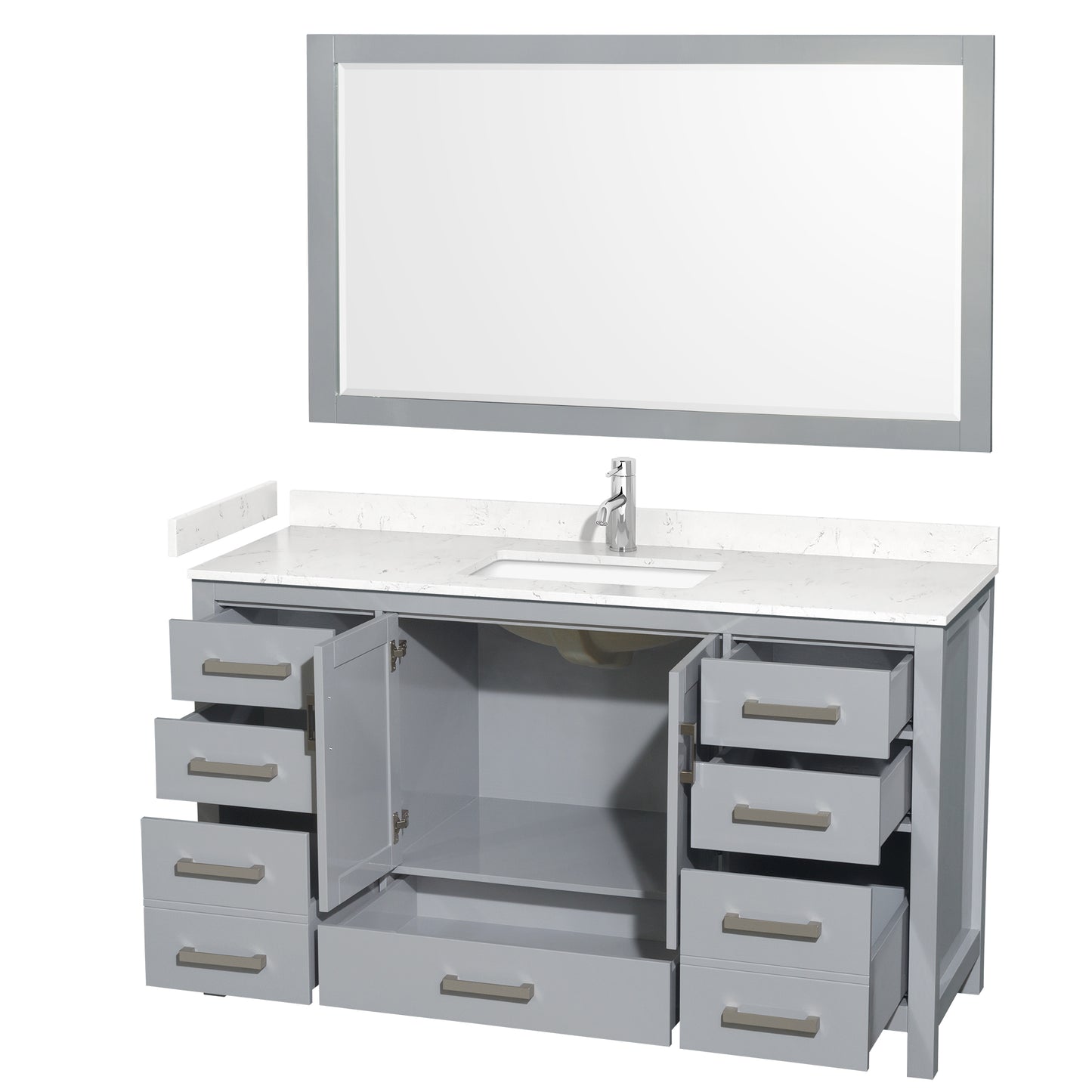 Sheffield 60" Single Vanity in Gray, Carrara Marble Top, Square 58" Mirror