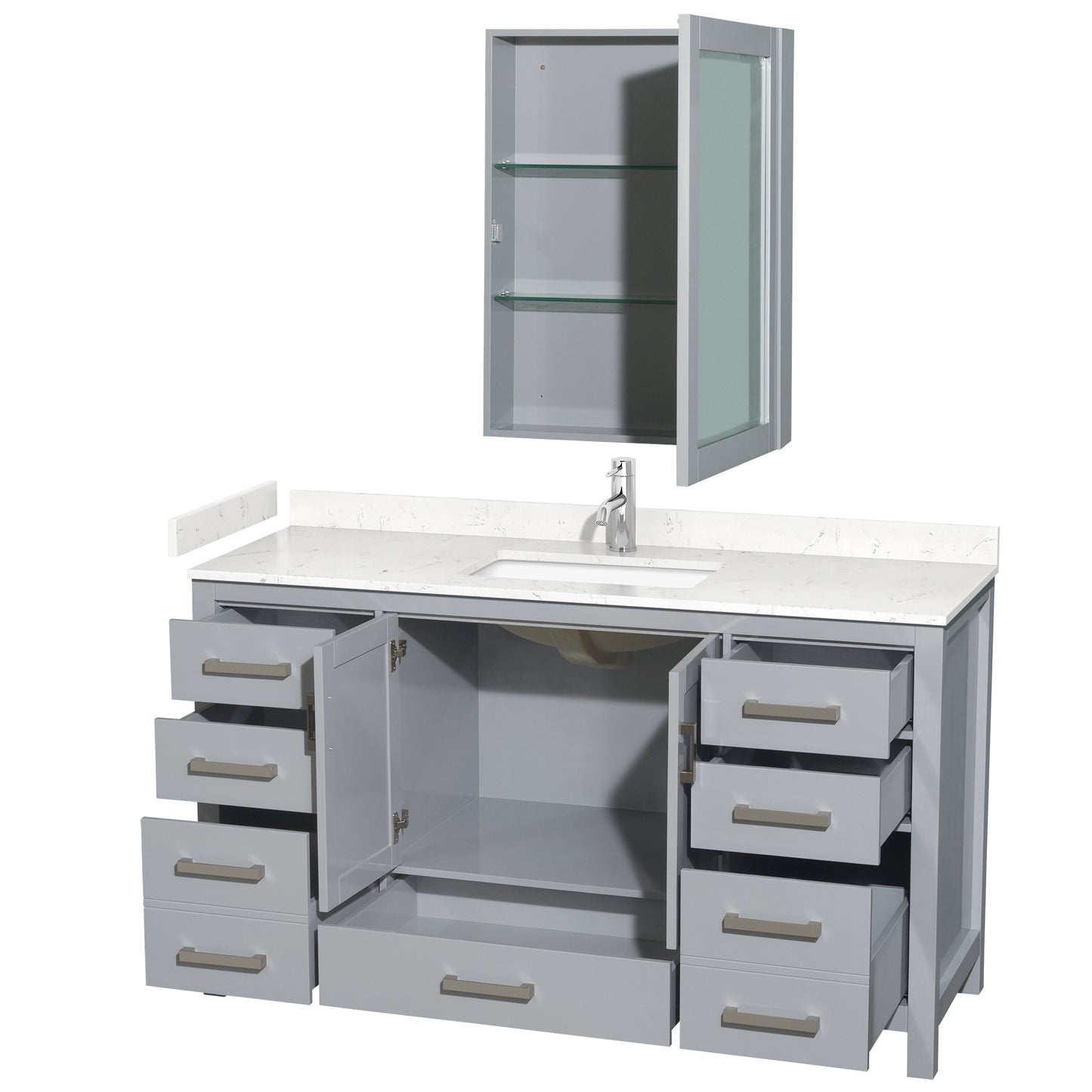 Sheffield 60" Single Vanity in Gray, Carrara Marble Top, Square Medicine Cabinet