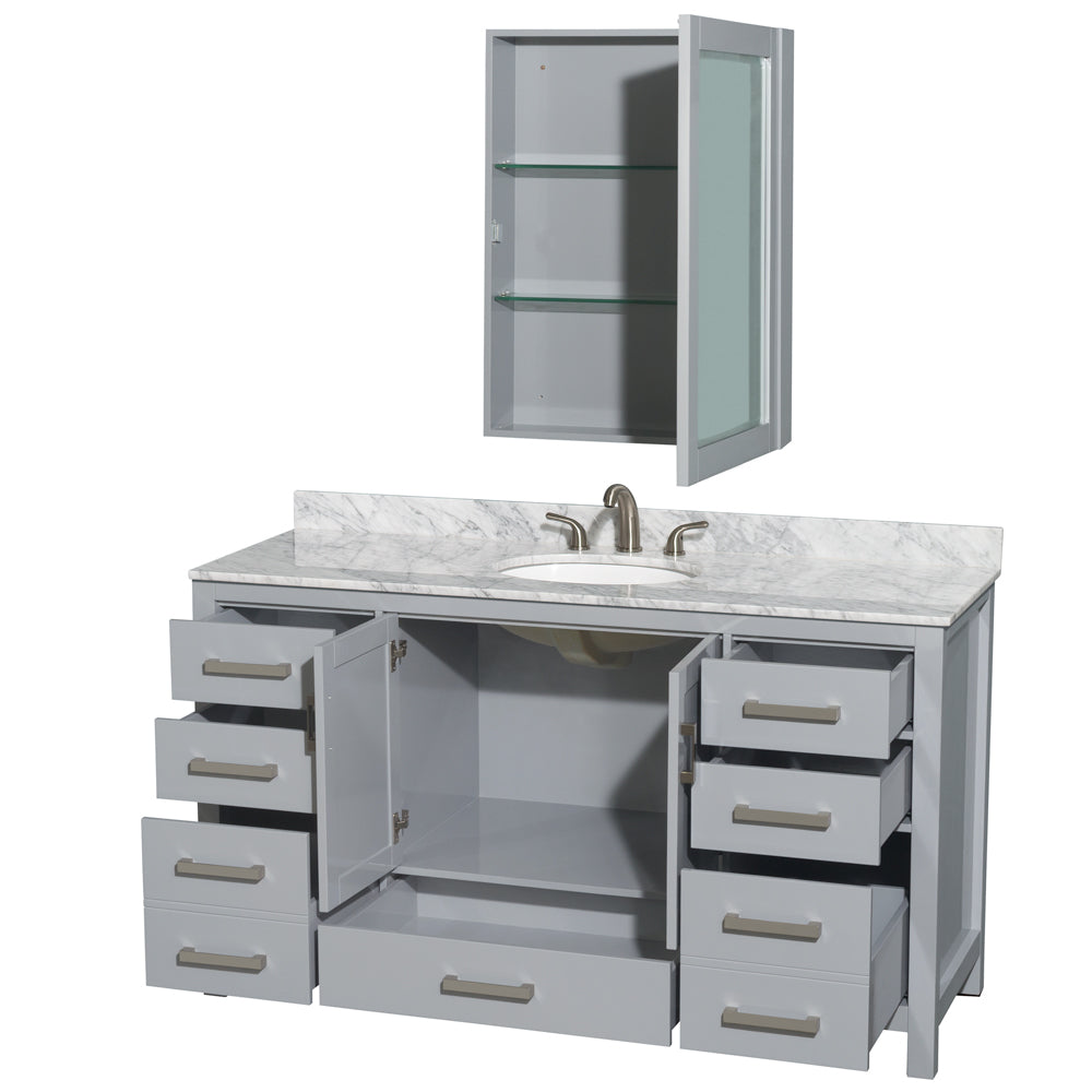 Sheffield 60" Single Vanity in Gray, Top, Oval Sink, Medicine Cabinet