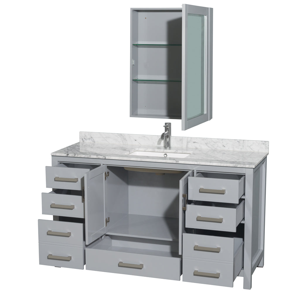 Sheffield 60" Single Vanity in Gray, Top, Square Sink, Medicine Cabinet