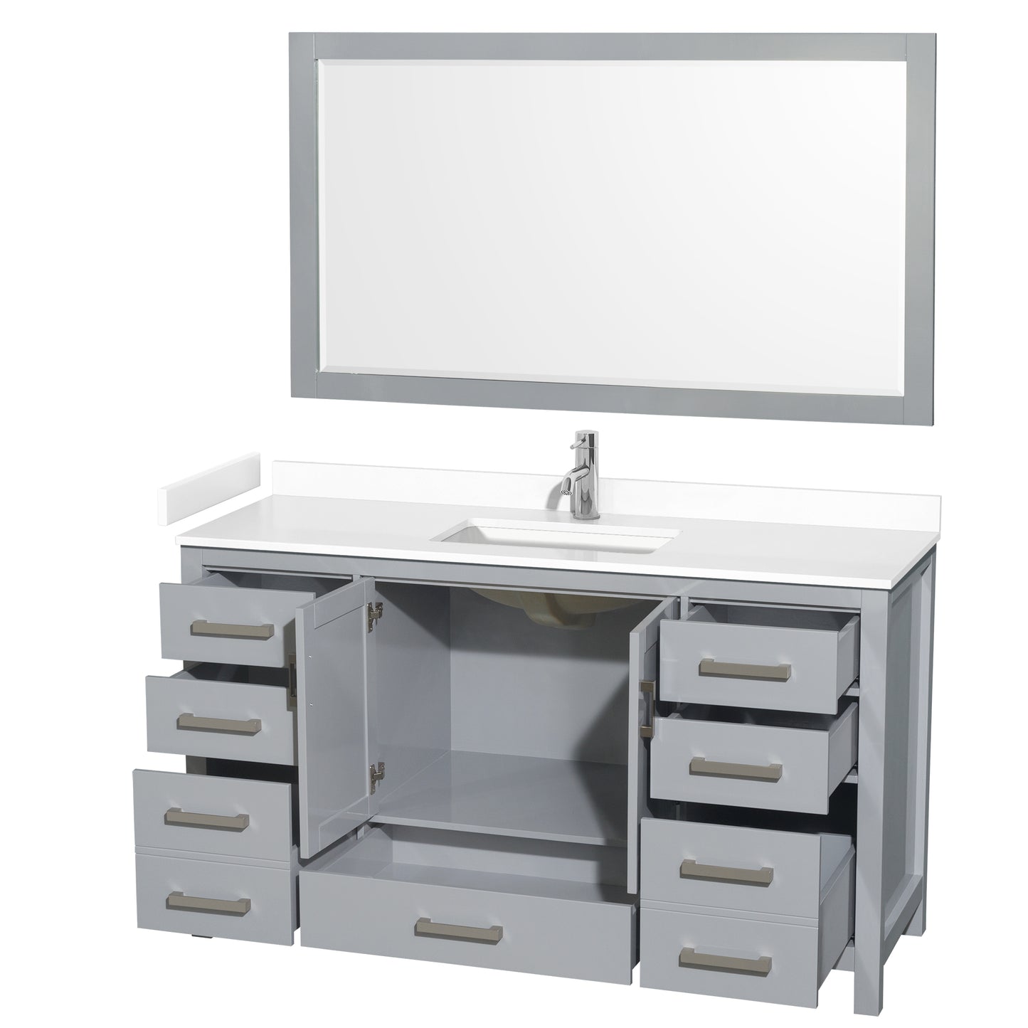 Sheffield 60" Single Vanity in Gray, White Marble Top, Square 58" Mirror