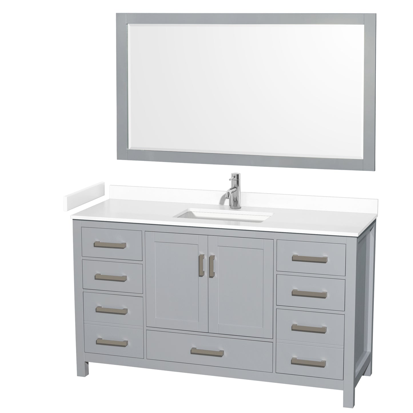 Sheffield 60" Single Vanity in Gray, White Marble Top, Square 58" Mirror