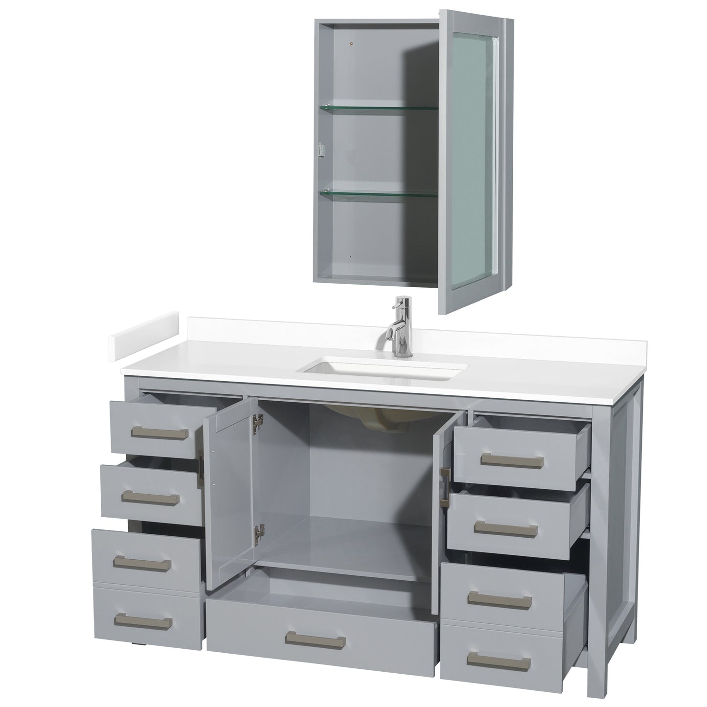 Sheffield 60" Single Vanity in Gray, White Marble Top, Square Medicine Cabinet