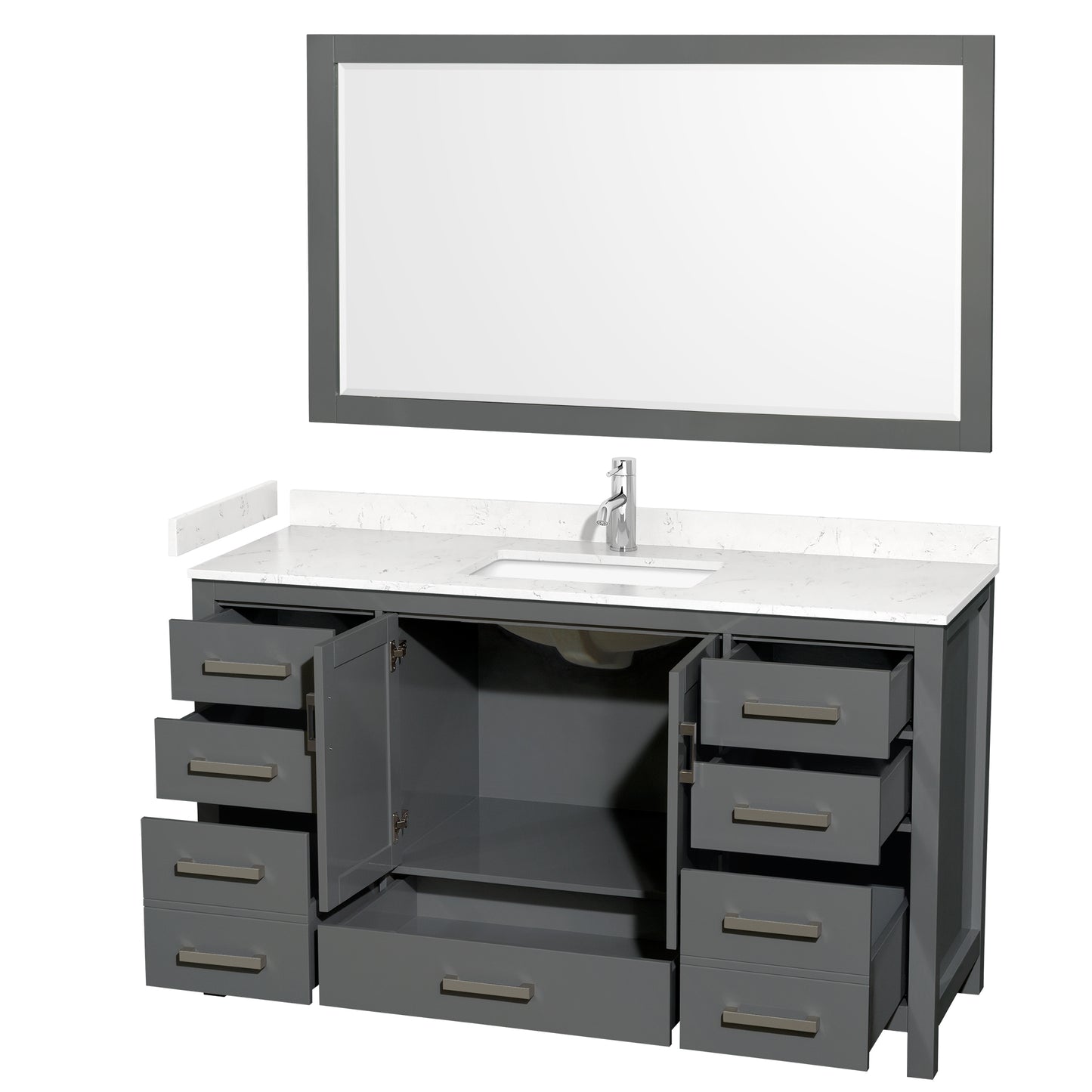 Sheffield 60" Single Vanity in Dark Gray, Carrara Marble Top, Square 58" Mirror