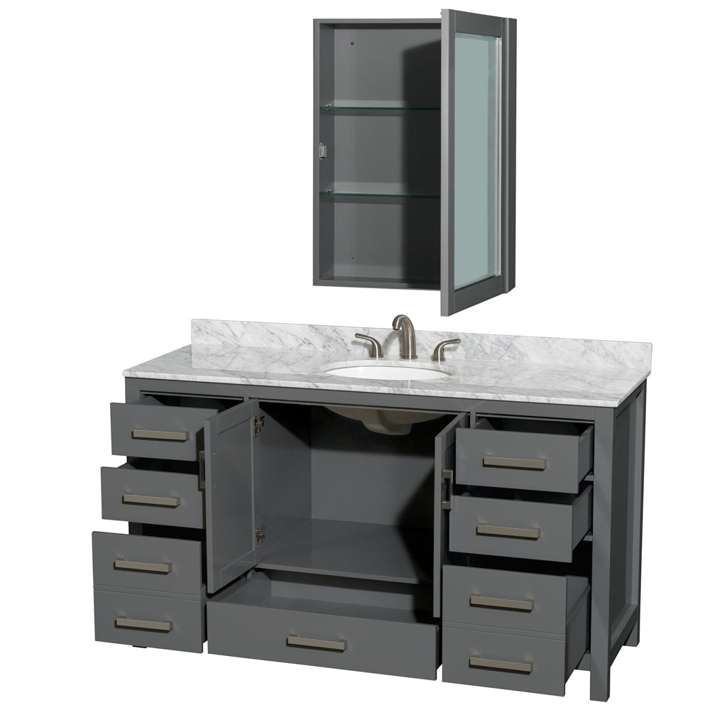 Sheffield 60" Single Vanity in Dark Gray, Top, Oval Sink, Medicine Cabinet