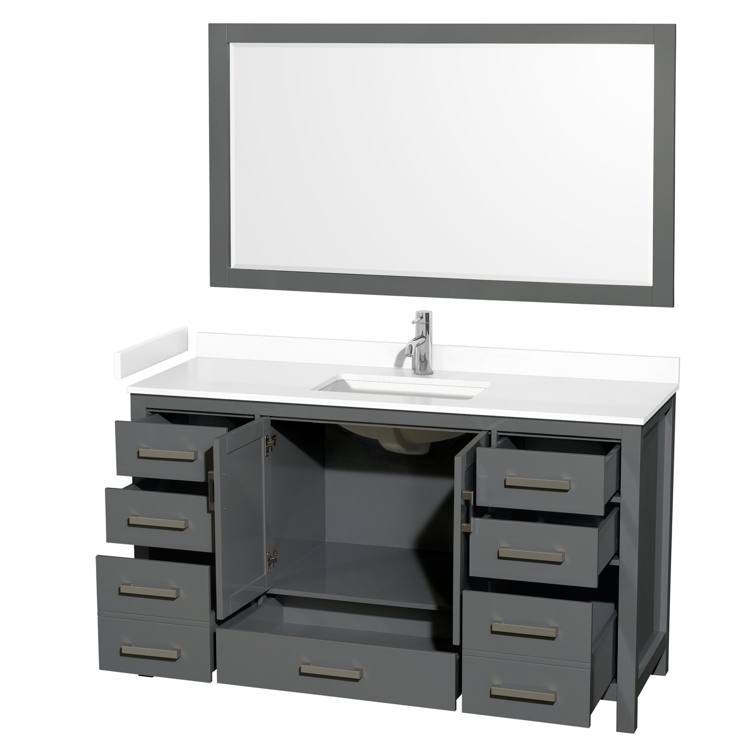 Sheffield 60" Single Vanity in Dark Gray, White Marble Top, Square 58" Mirror