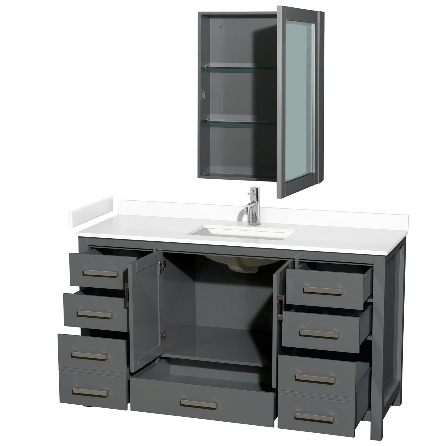 Sheffield 60" Single Vanity in Dark Gray, White Marble Top, Medicine Cabinet