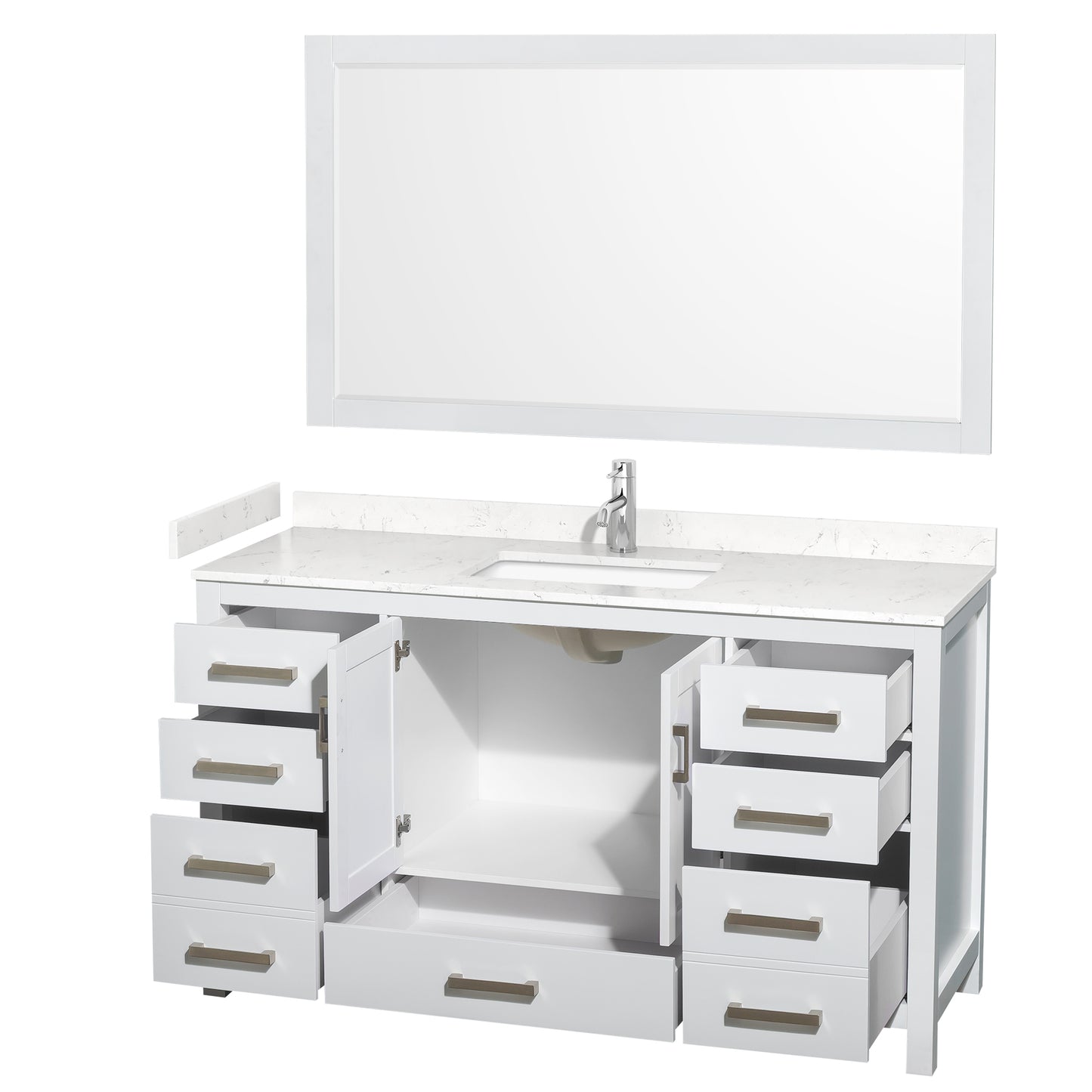 Sheffield 60" Single Vanity in White, Carrara Marble Top, Square 58" Mirror