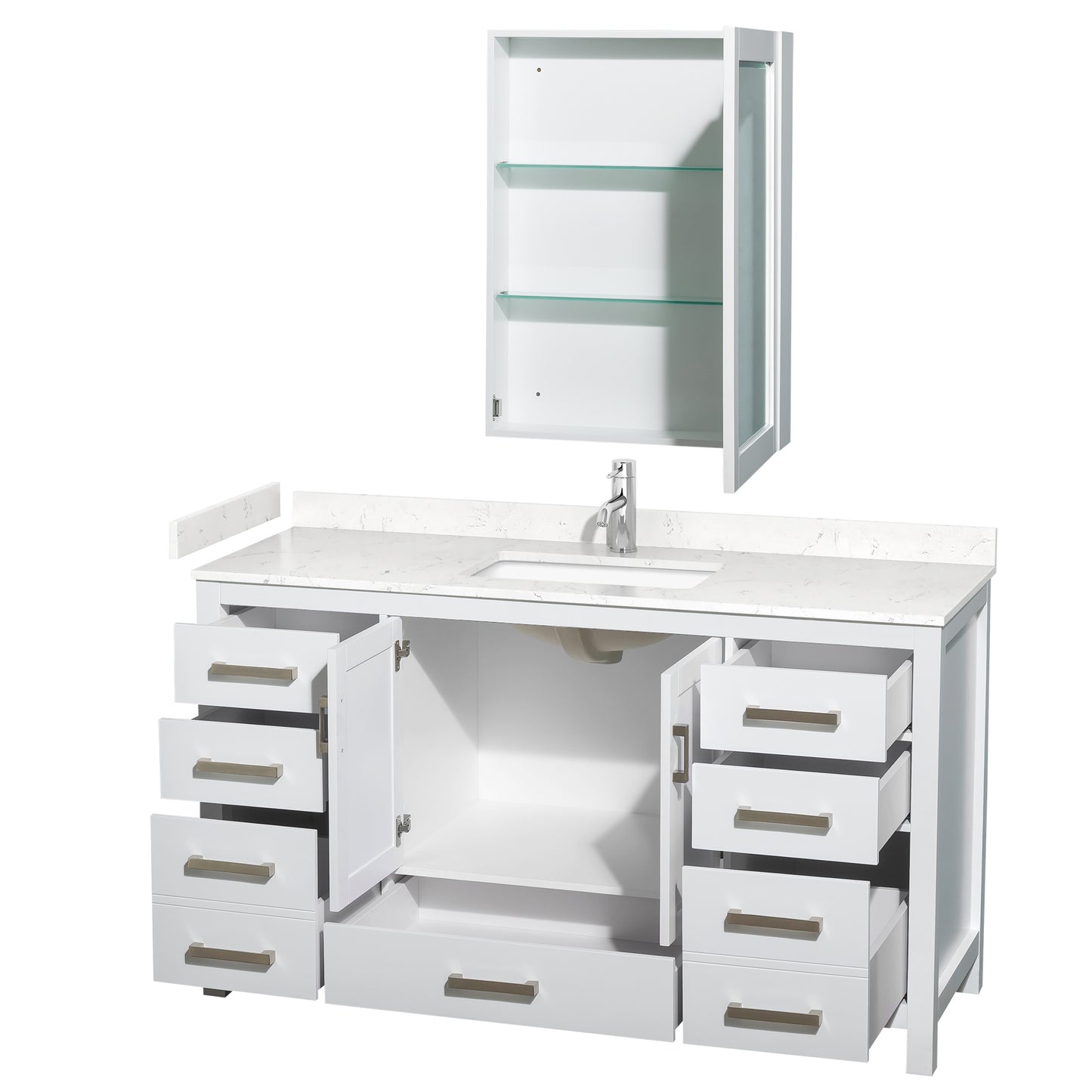 Sheffield 60" Single Vanity in White, Carrara Marble Top, Medicine Cabinet