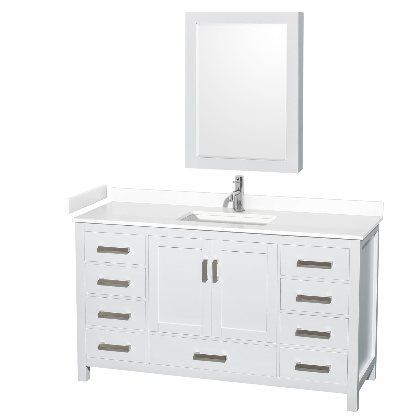 Sheffield 60" Single Vanity in White, White Marble Top, Square Medicine Cabinet