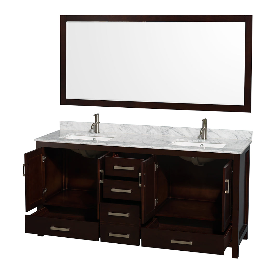 Sheffield 72" Double Vanity in Espresso, Top, Square Sinks, 70" Mirror