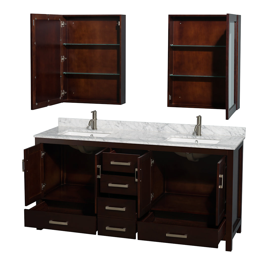 Sheffield 72" Double Vanity in Espresso, top, Square Sinks, Medicine Cabinets