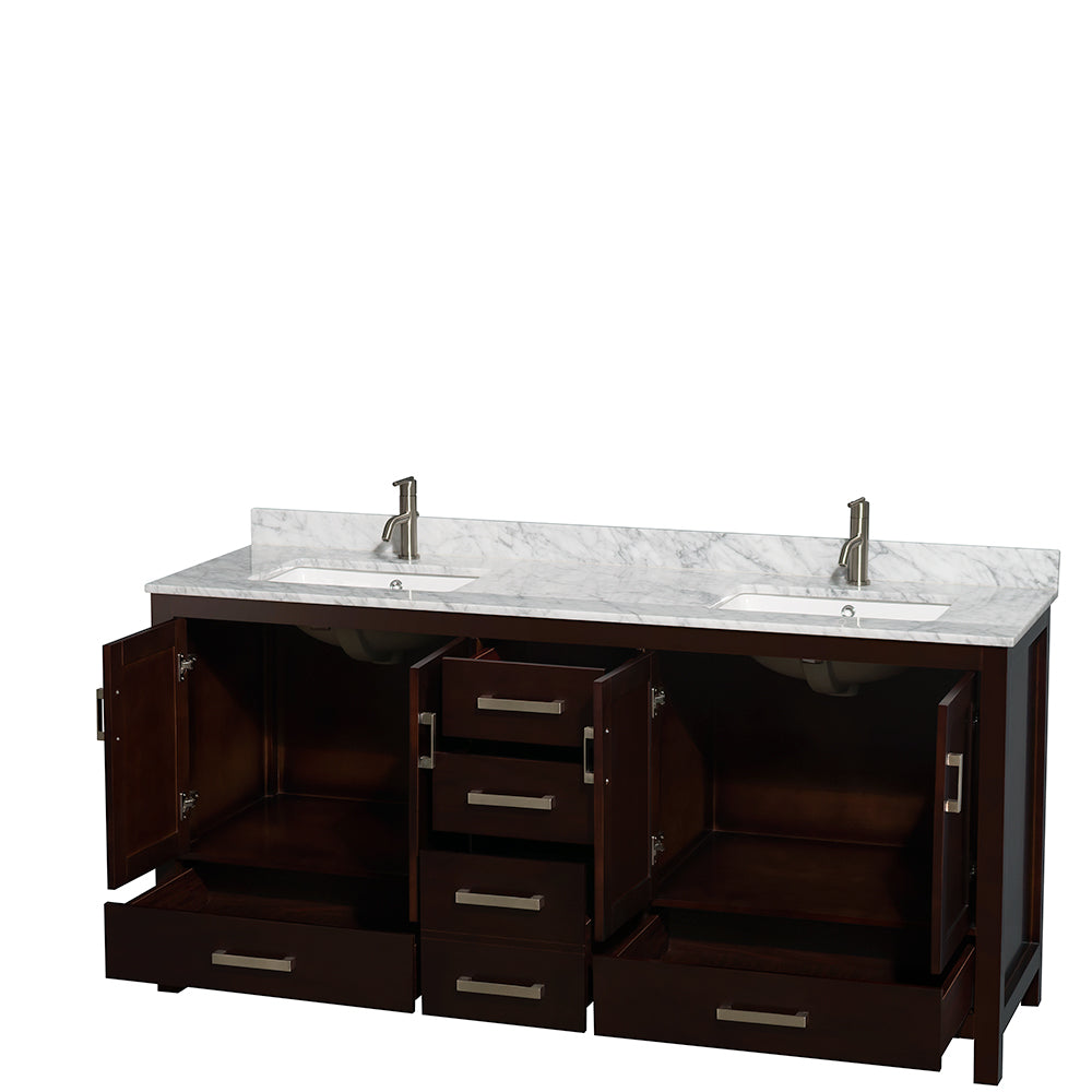 Sheffield 72" Double Vanity in Espresso, Top, Square Sinks, No Mirror