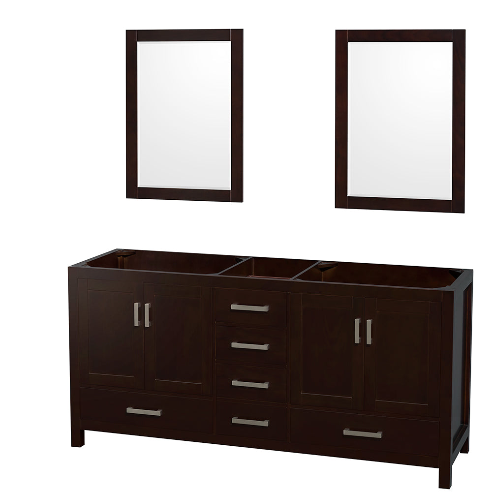 Sheffield 72" Double Vanity in Espresso, No Top, No Sinks, 24" Mirrors