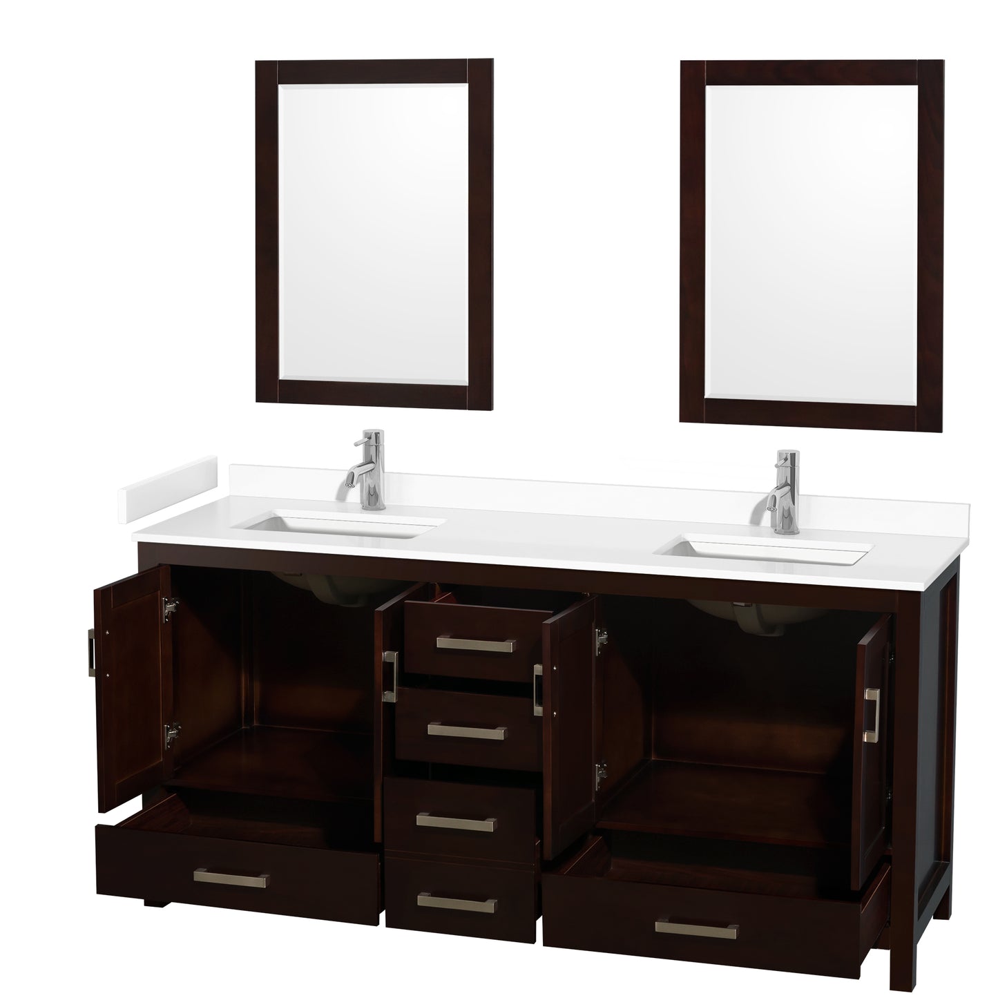 Sheffield 72" Double Vanity in Espresso, White Marble Top, Square 24" Mirrors