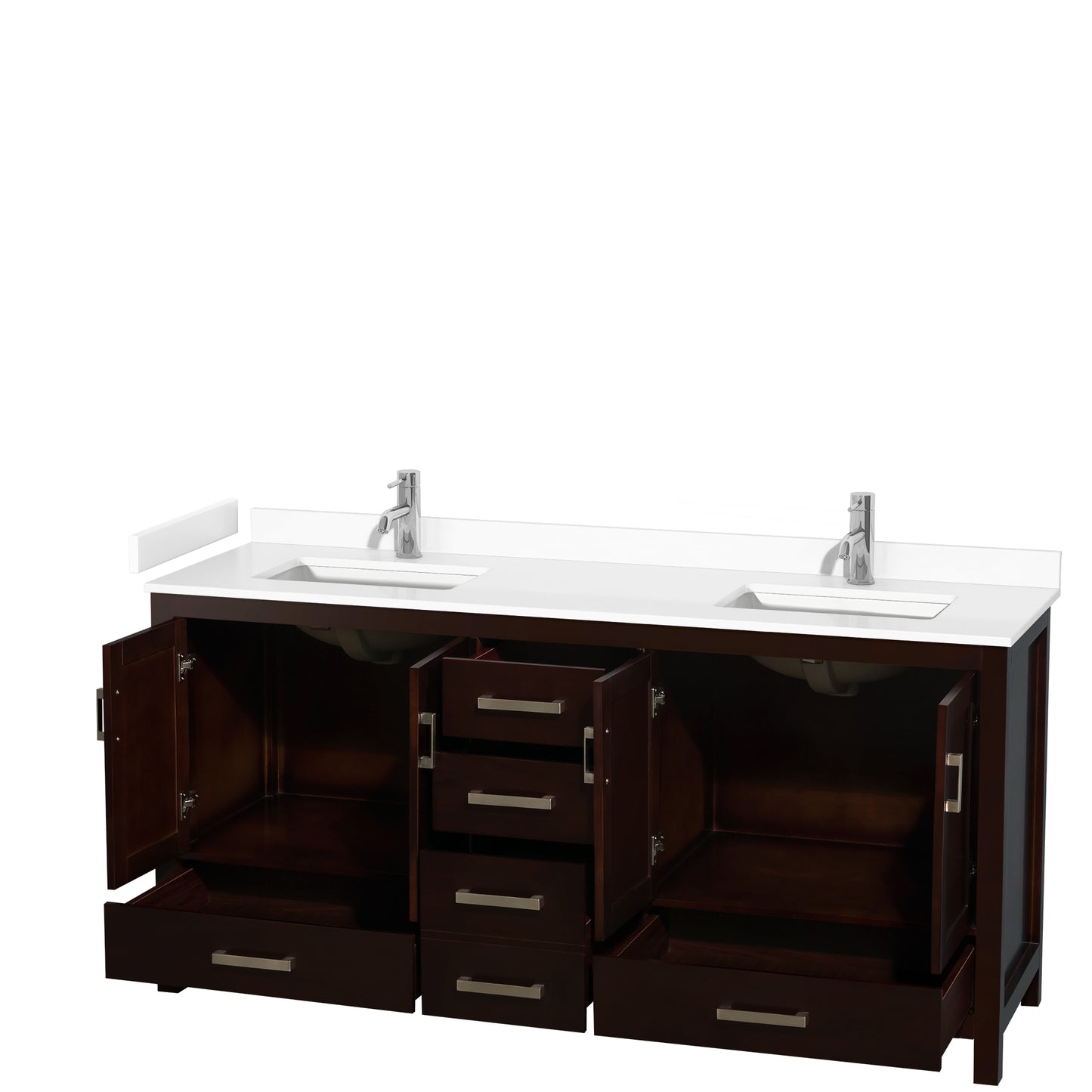 Sheffield 72" Double Vanity in Espresso, White Marble Top, Square No Mirror