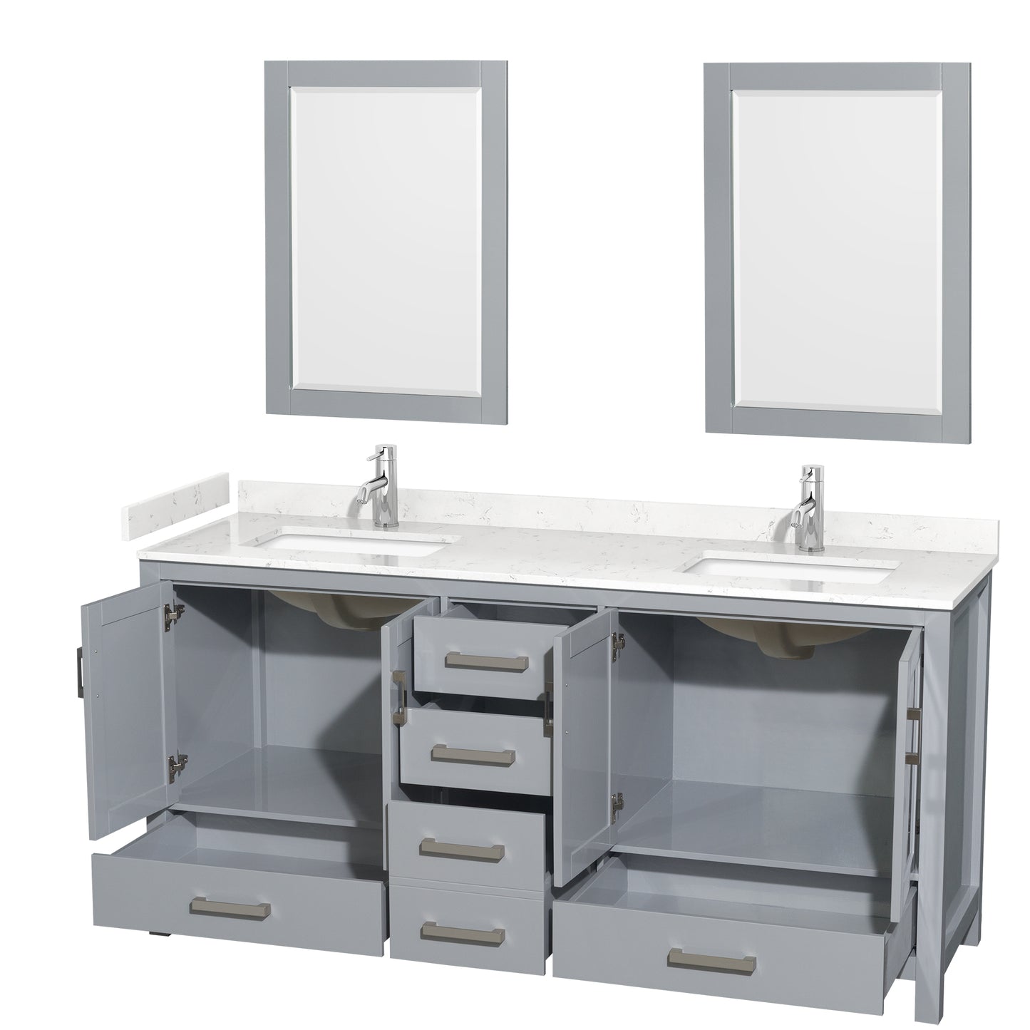 Sheffield 72" Double Vanity in Gray, Carrara Marble Top, Square 24" Mirrors