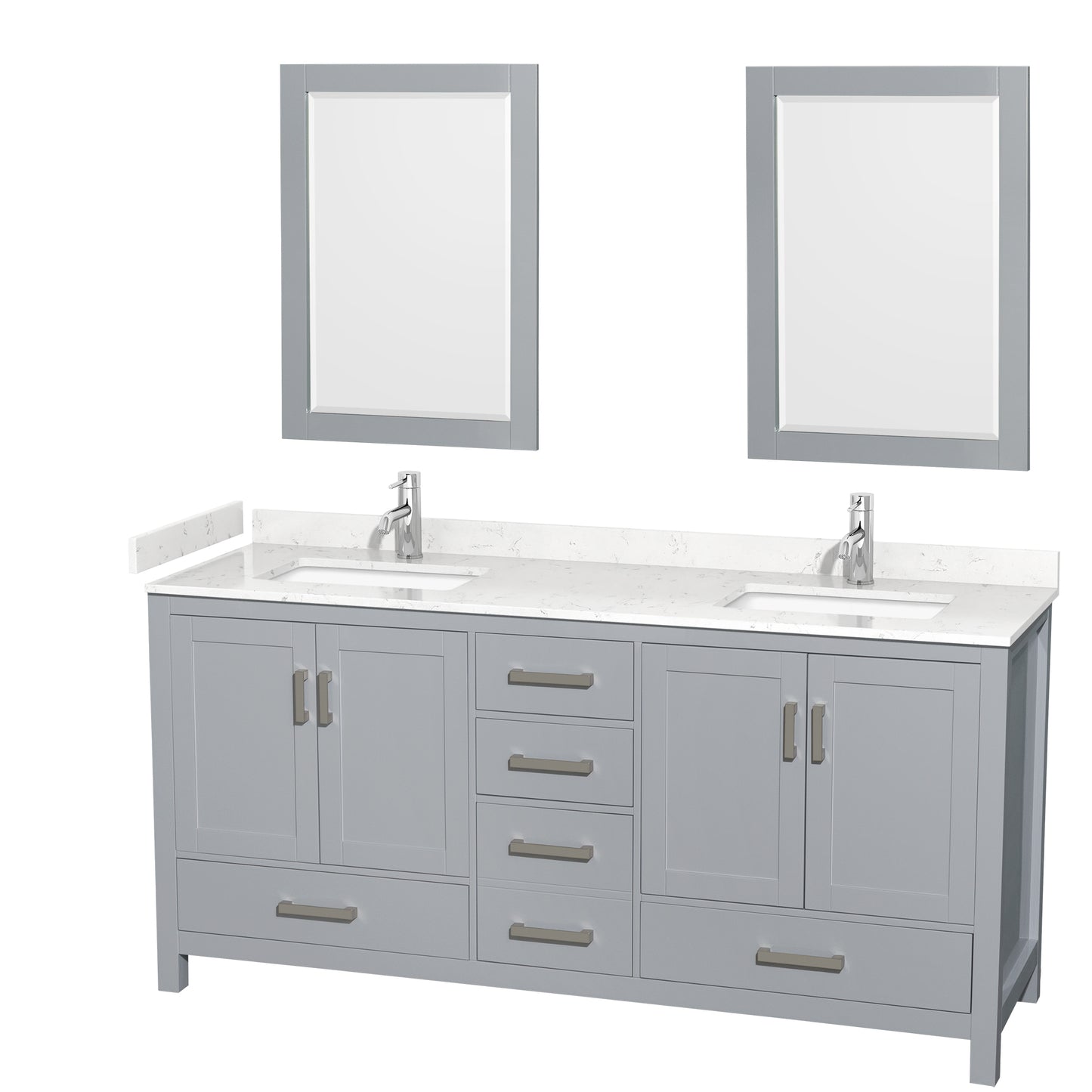 Sheffield 72" Double Vanity in Gray, Carrara Marble Top, Square 24" Mirrors