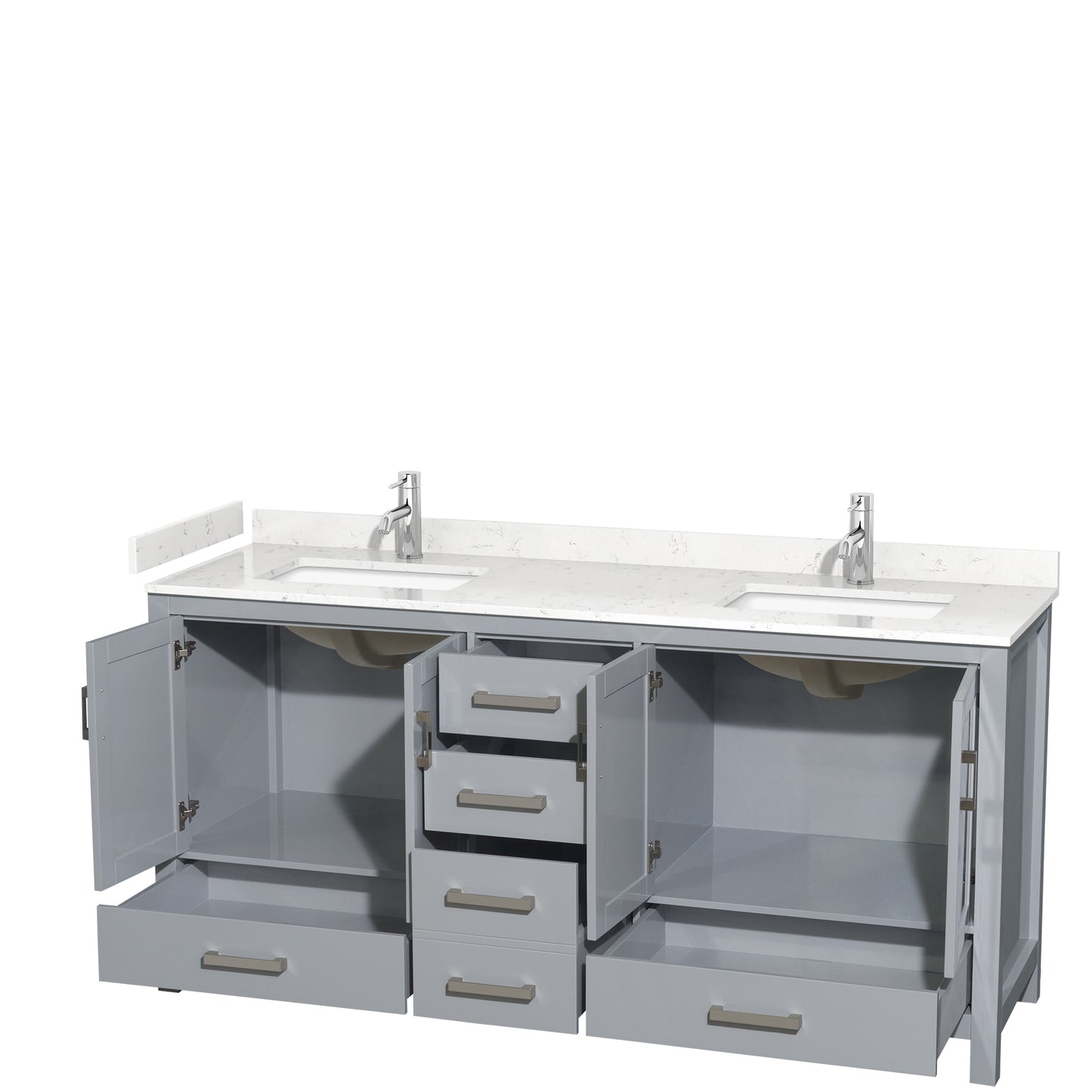 Sheffield 72" Double Vanity in Gray, Carrara Marble Top, Square No Mirror