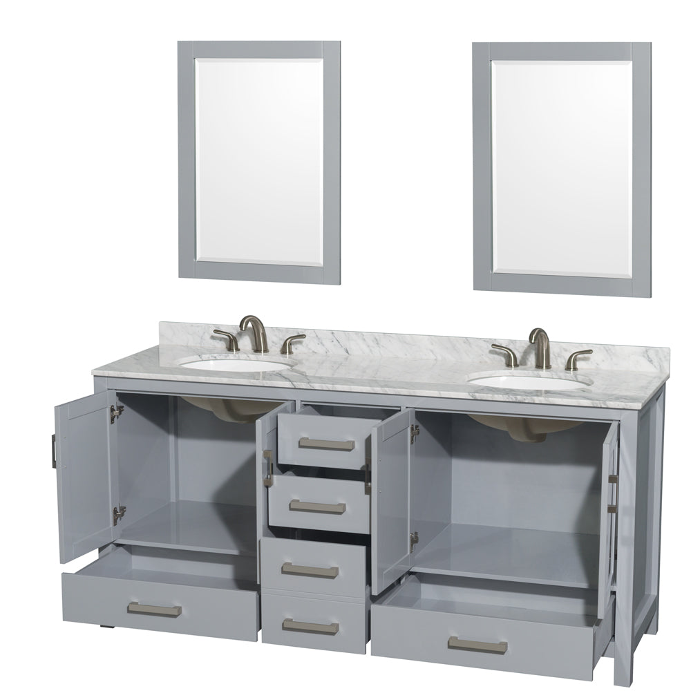 Sheffield 72" Double Vanity in Gray, Top, Oval Sinks, 24" Mirrors