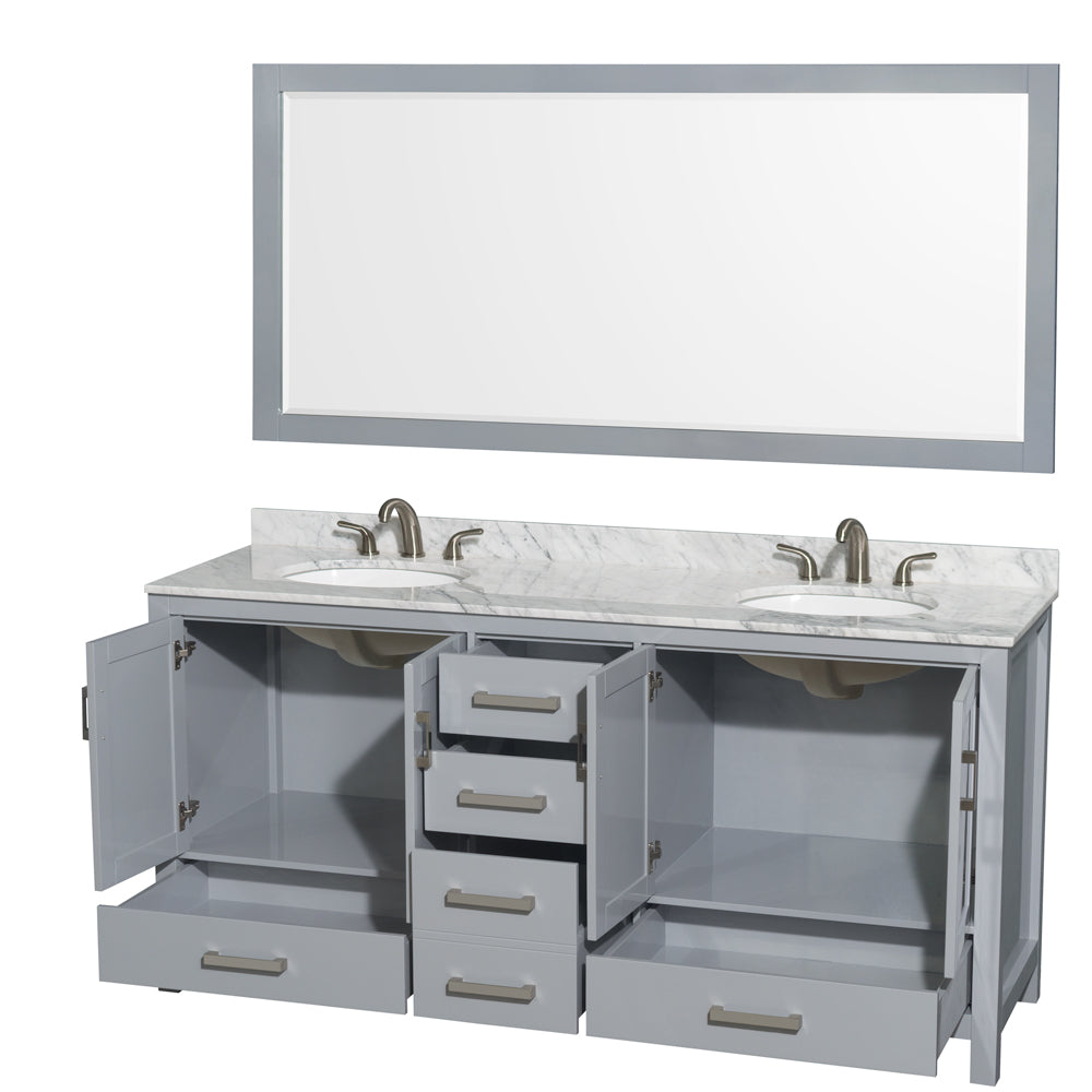 Sheffield 72" Double Vanity in Gray, Top, Oval Sinks, 70" Mirror