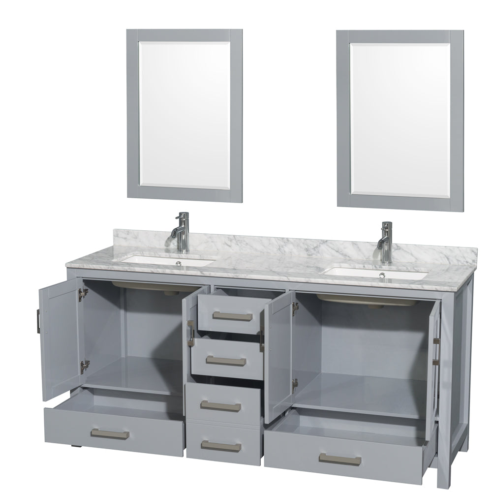 Sheffield 72" Double Vanity in Gray, Top, Square Sinks, 24" Mirrors